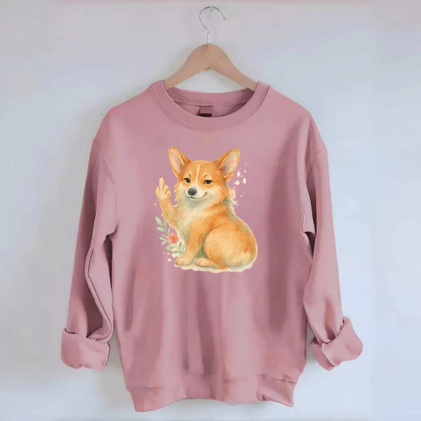 Corgi short legs and fluffy butt, one stubby paw up with sass - Crewneck Sweatshirt - pink