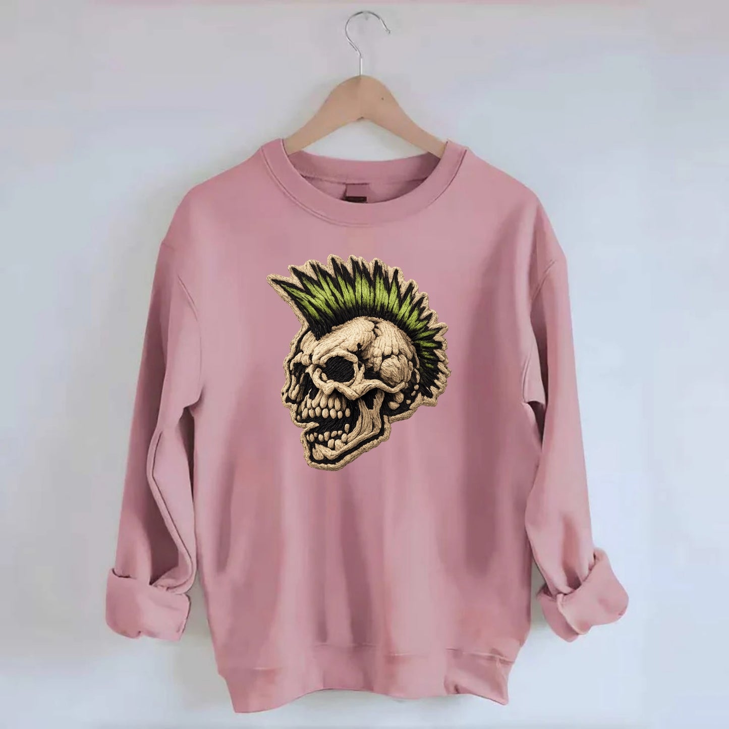 MOHAWK SKULL - punk skull with mohawk in neon green and black , punk rock - Crewneck Sweatshirt - pink