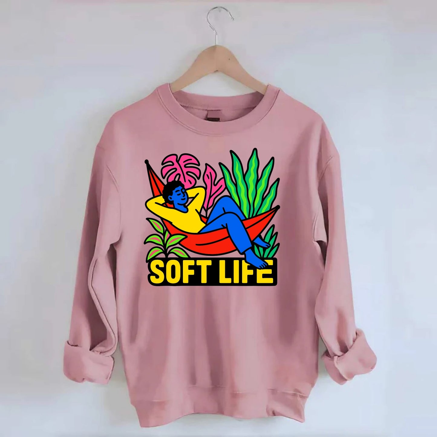 Person relaxing in hammock with plants - "soft life" aesthetic, peaceful - Crewneck Sweatshirt - pink