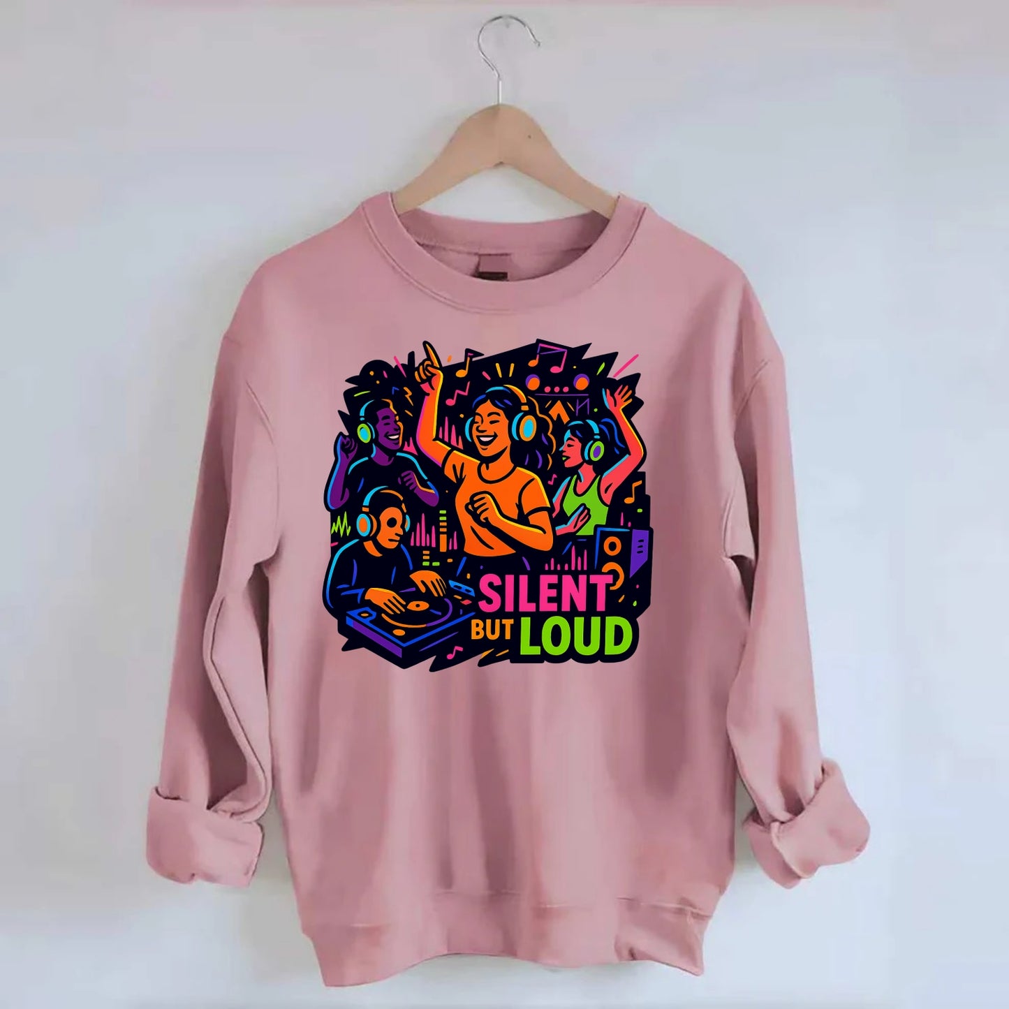 Silent disco dancers with glowing headphones - "Silent But Loud" - unique - Crewneck Sweatshirt - pink