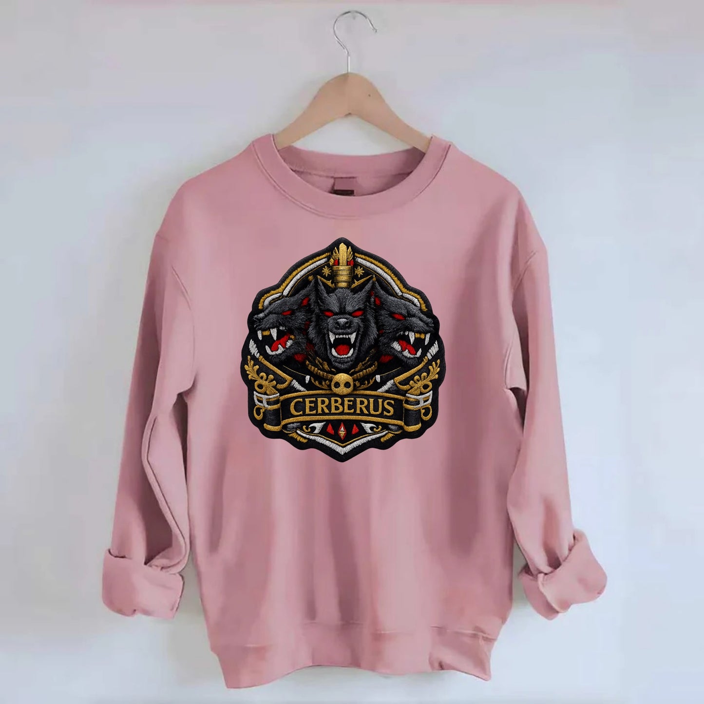 CERBERUS THREE HEADS - triple hound in black and red , underworld - Crewneck Sweatshirt - pink