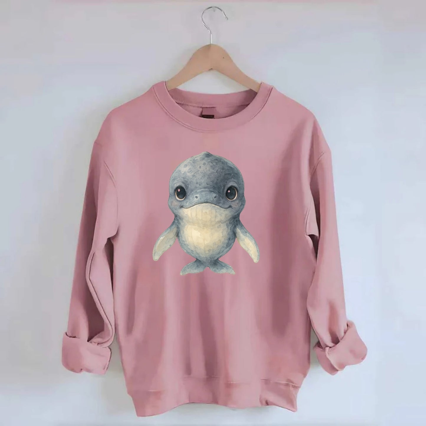 Baby Humpback Whale - dark gray with white flippers, large gentle eyes, - Crewneck Sweatshirt - pink