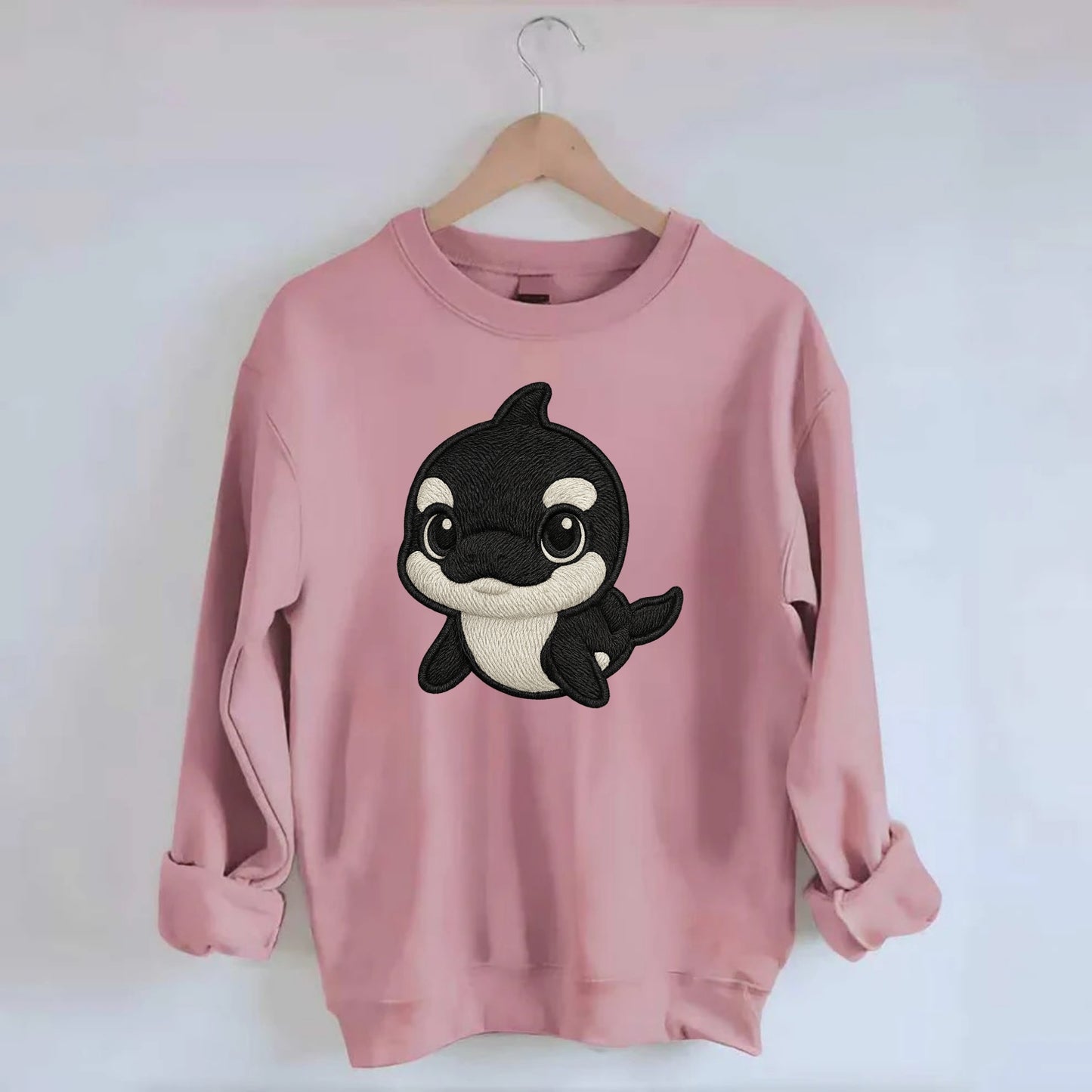 Baby Orca - black and white pattern, white eye patch, front-facing, curious - Crewneck Sweatshirt - pink