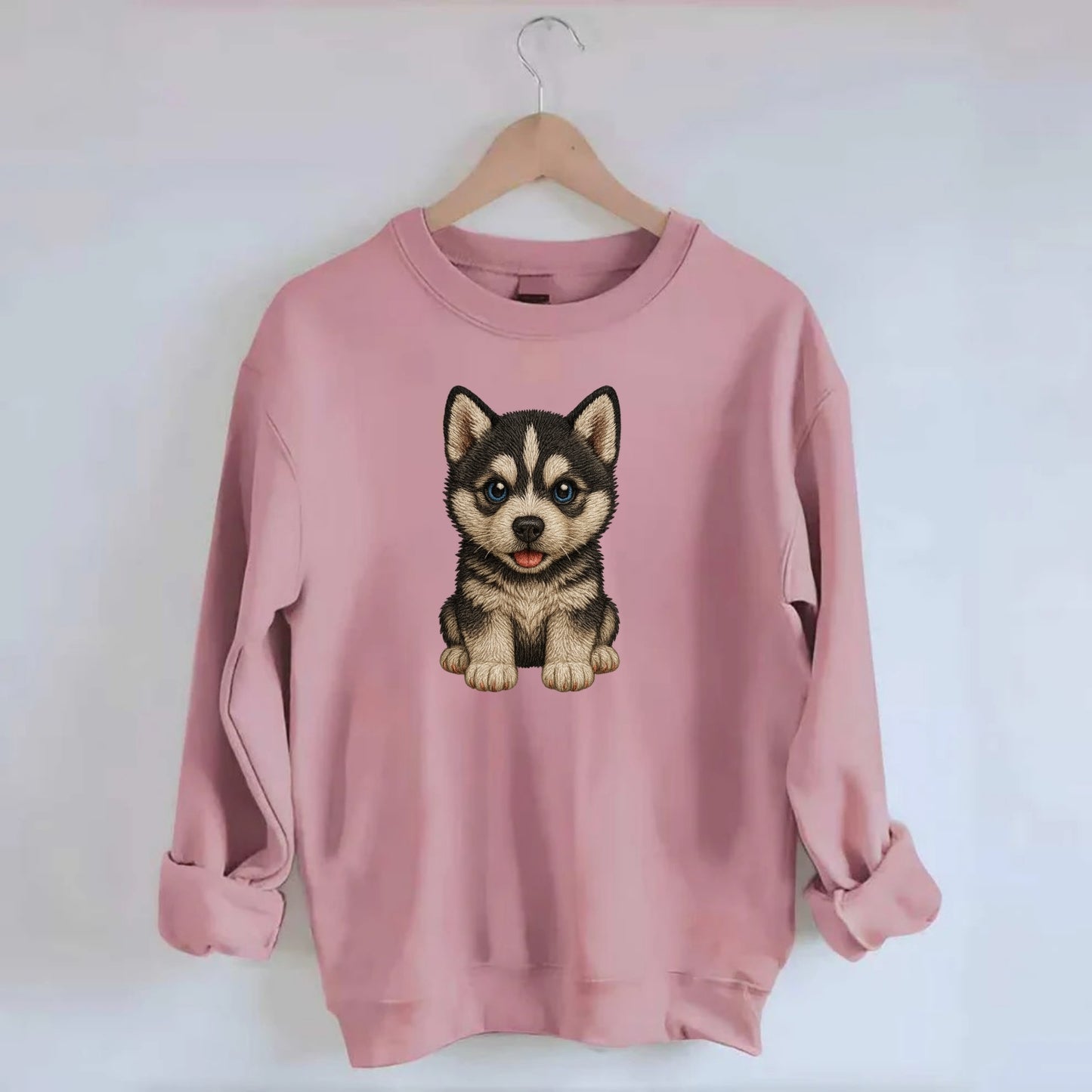Baby Siberian Husky Puppy - blue or bi-colored eyes, fluffy coat, wolf-like, - Crewneck Sweatshirt - pink