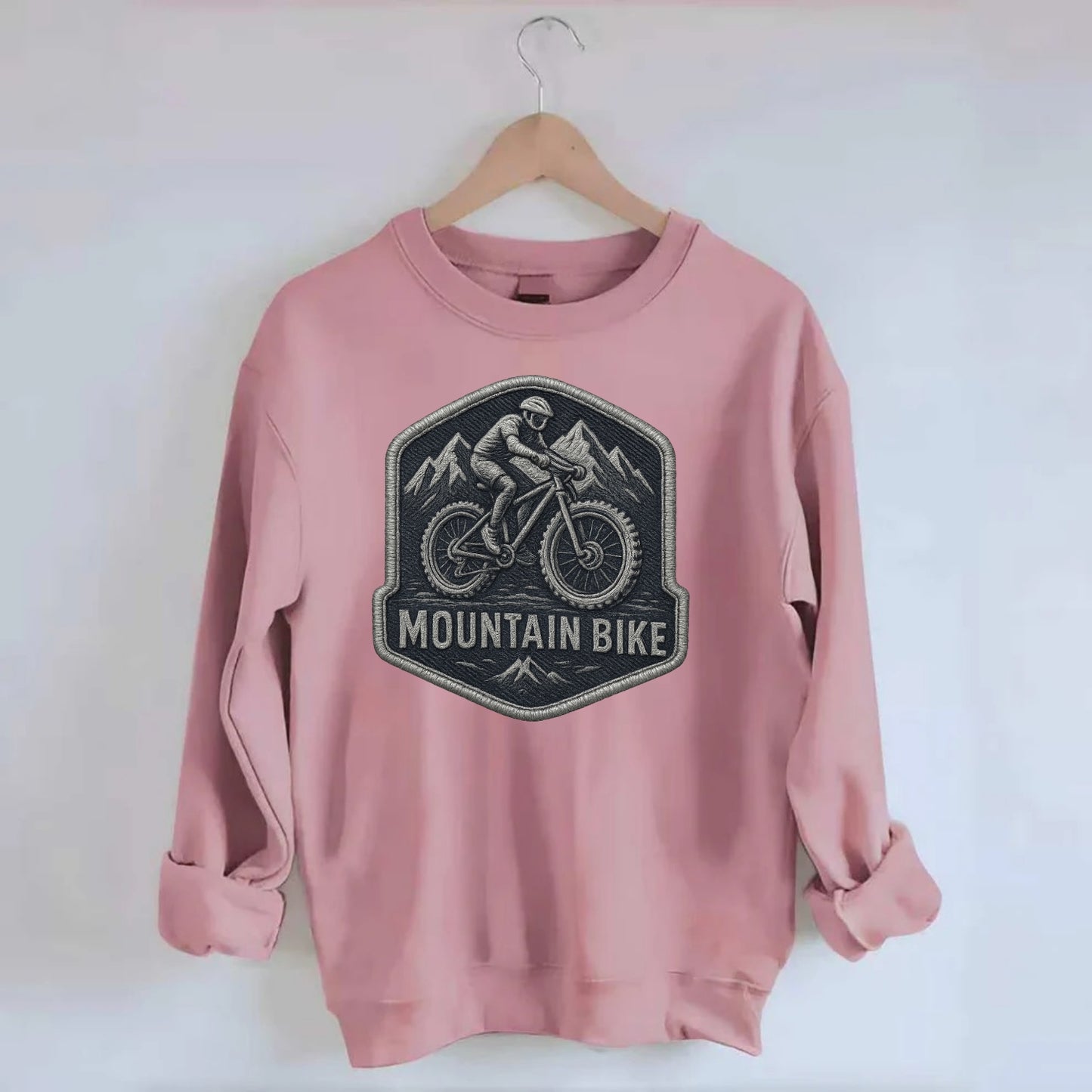 Mountain bike with rugged tires - cyclist badge - Crewneck Sweatshirt - pink