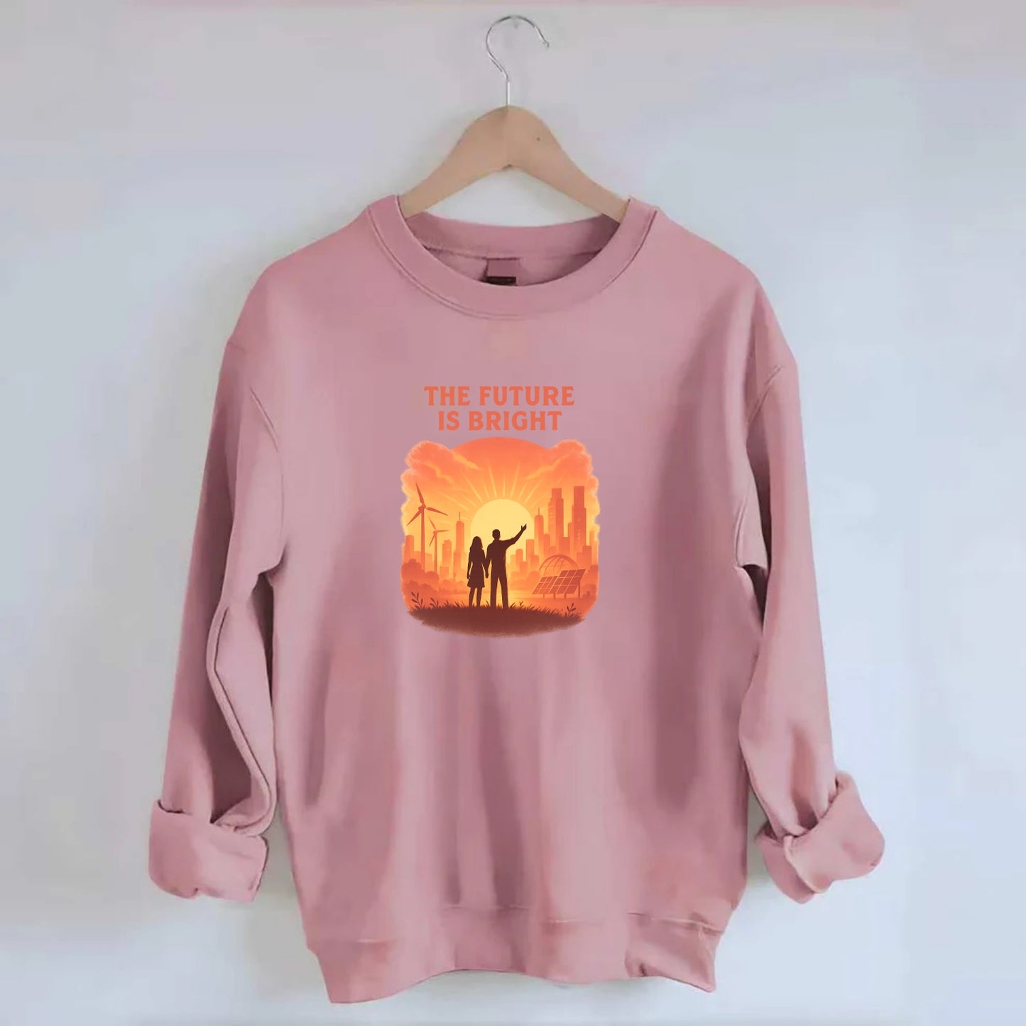 Sunrise over thriving sustainable city - "The Future is Bright" - optimistic - Crewneck Sweatshirt - pink