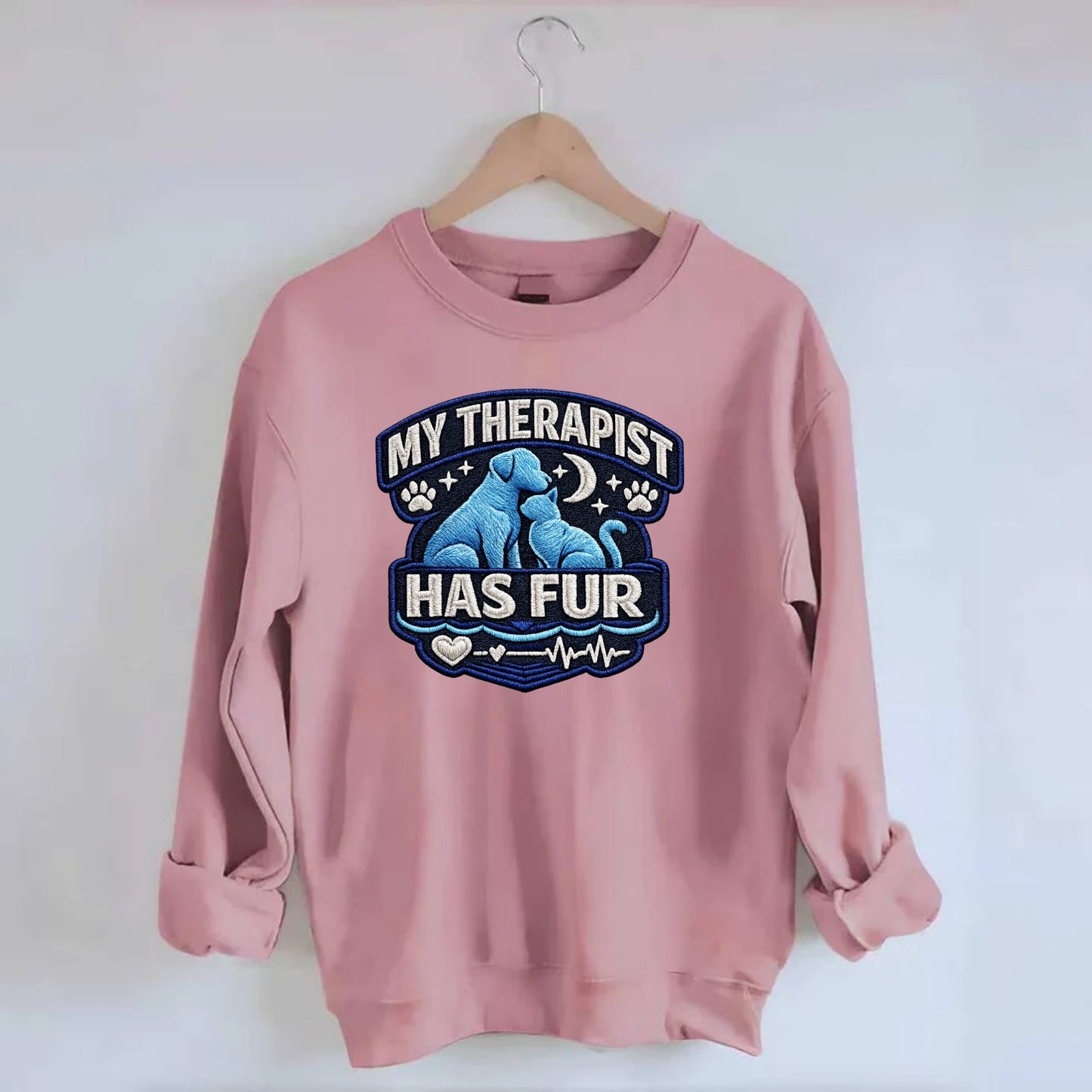 MY THERAPIST HAS FUR - pet silhouette in calming blue , emotional support - Crewneck Sweatshirt - pink