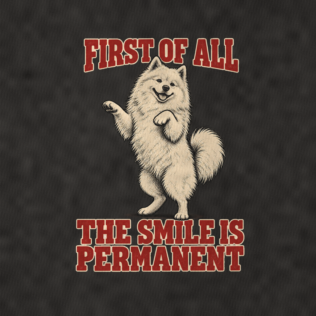 Samoyed Dog Declarations Vintage T-shirt – black, print and cotton detail (AI mockup)