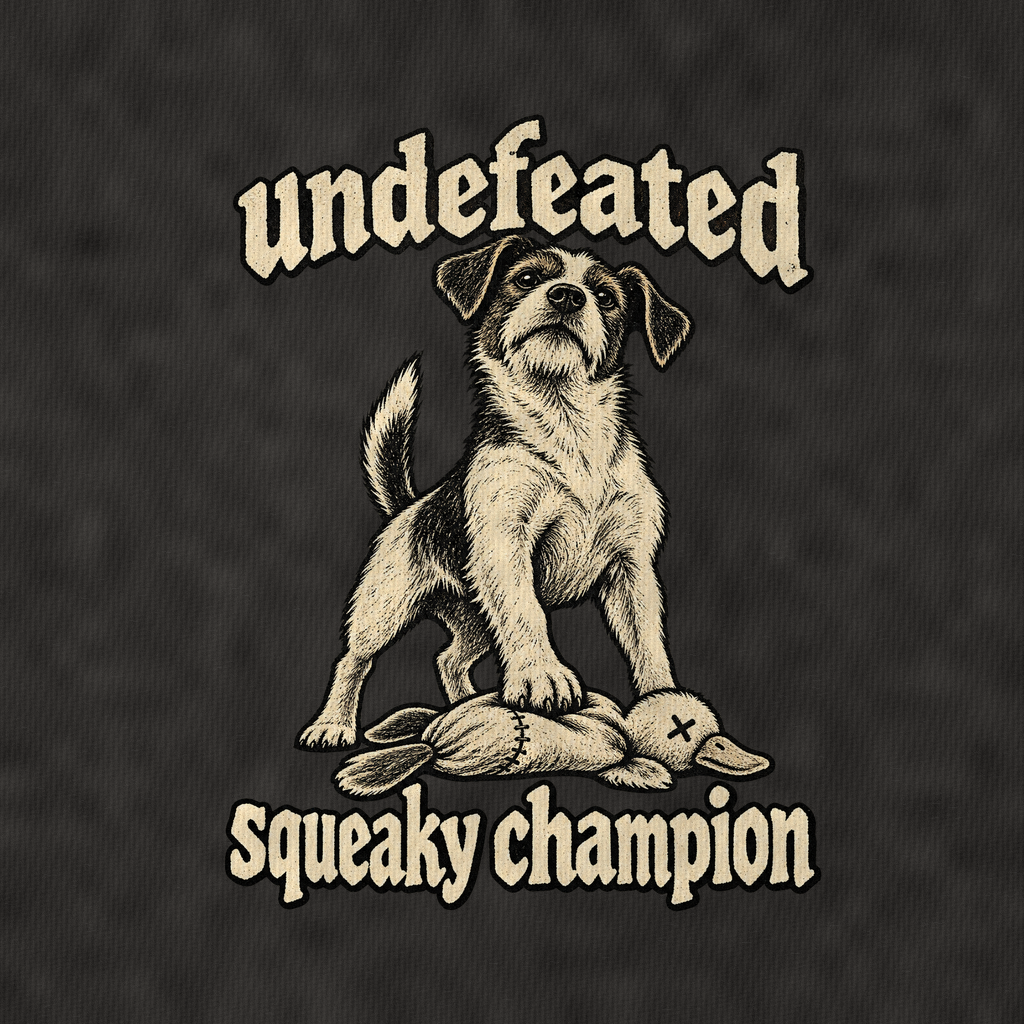 Undefeated Squeaky Champion Vintage T-shirt – black, print and cotton detail (AI mockup)