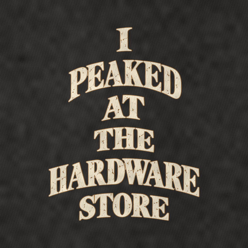I Peaked At The Hardware Store Quiet Statements Vintage T-shirt – black, print and cotton detail (AI mockup)