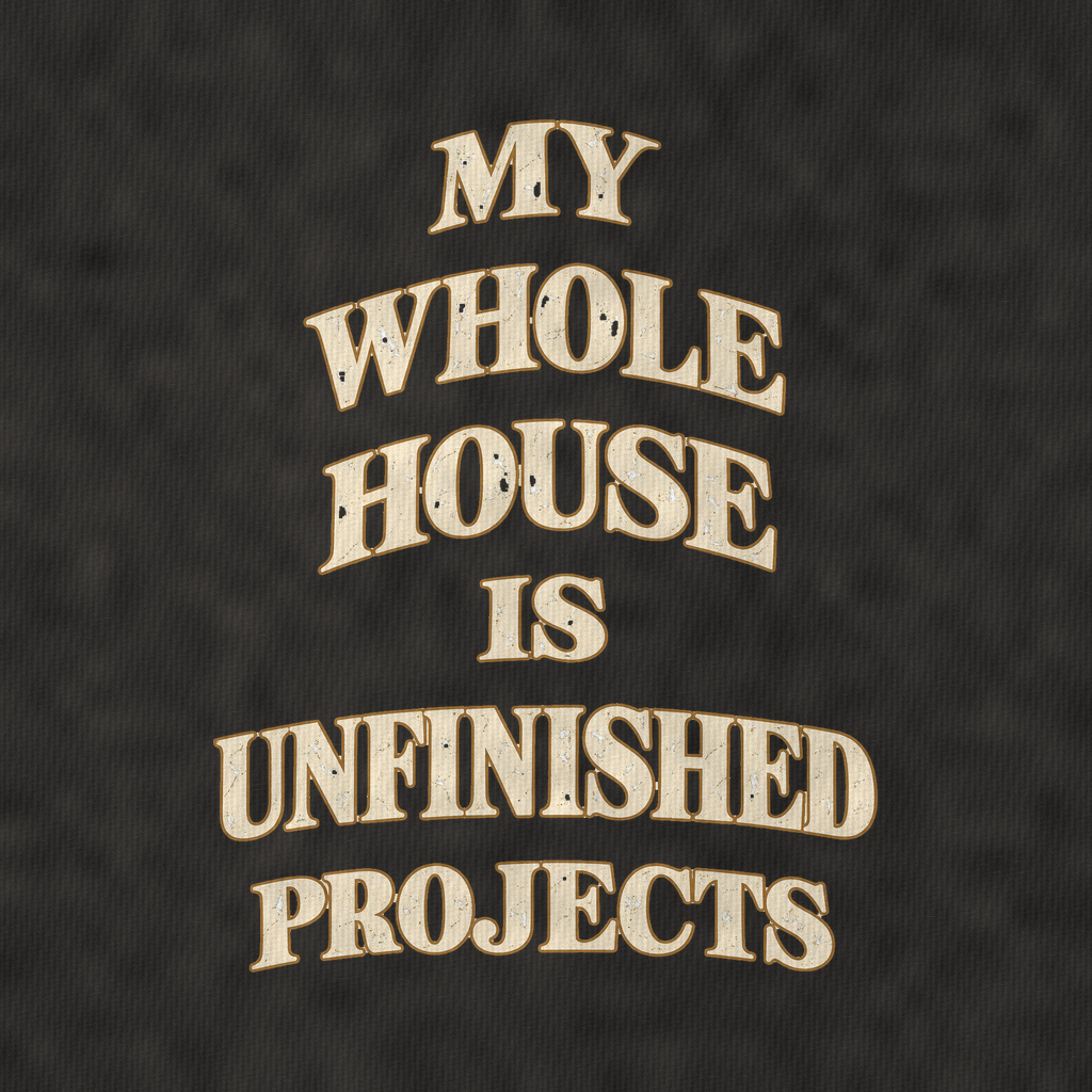 My Whole House Is Unfinished Projects Quiet Statements Vintage T-shirt – black, print and cotton detail (AI mockup)