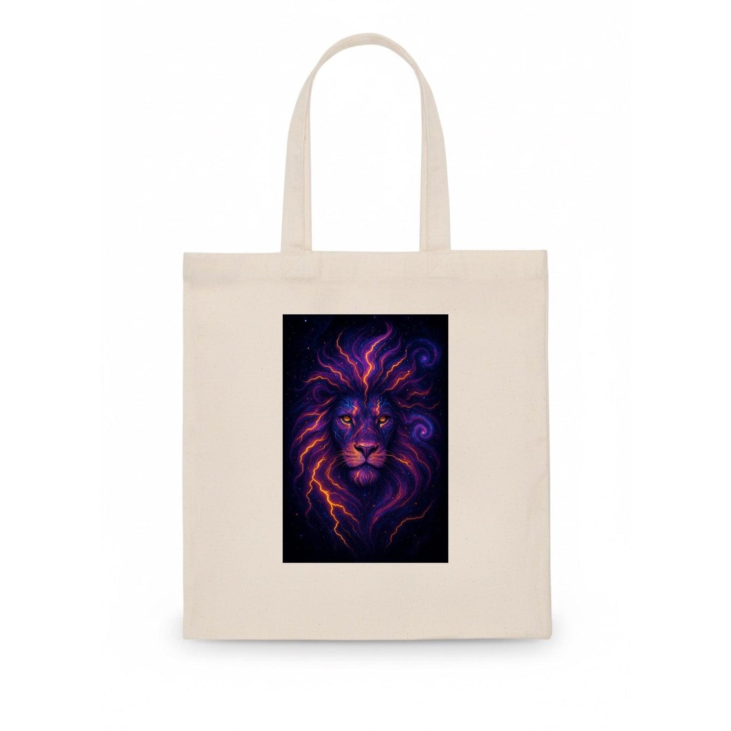 Regal lion with mane made of electric currents, neon yellow and hot pink energy flows, - Tote Bag - white