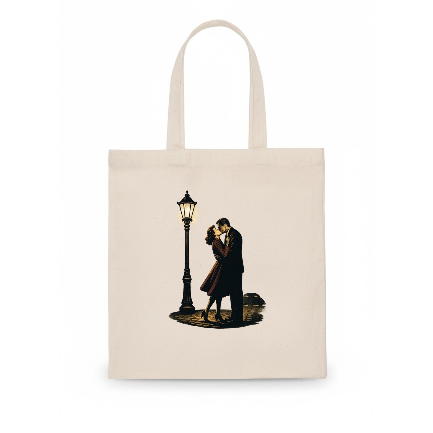 first kiss under vintage street lamp on cobblestone at night - Tote Bag - white