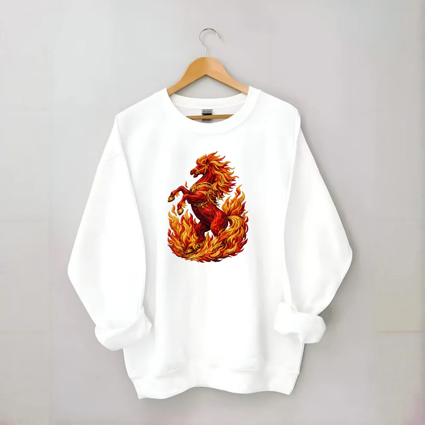 VICTORY BLAZE | Triumphant rearing horse in flames | Achievement celebration - Crewneck Sweatshirt - white