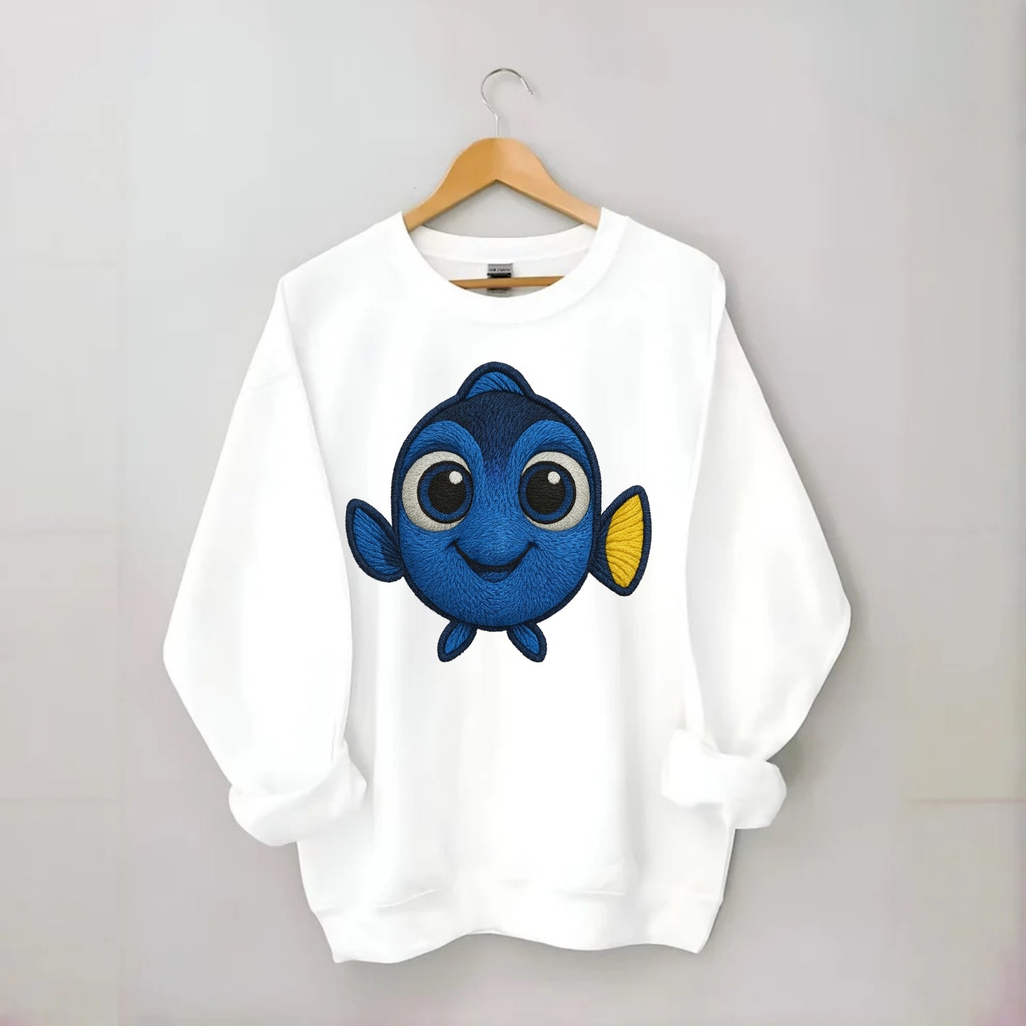 Baby Blue Tang - bright blue with yellow tail, big eyes, front-facing, - Crewneck Sweatshirt - white