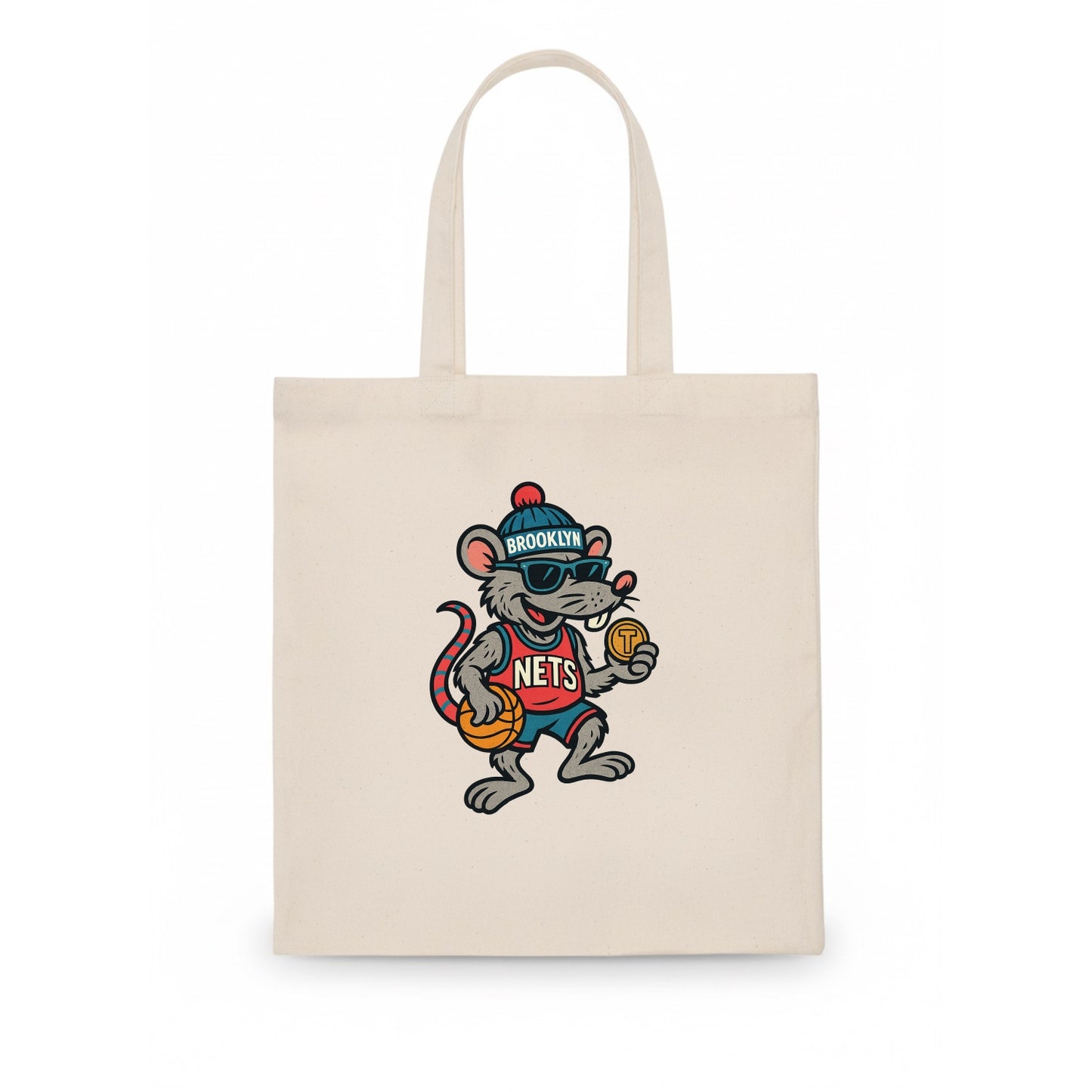 Brooklyn Rat wearing Nets beanie with subway token and wayfarer sunglasses - Tote Bag - white