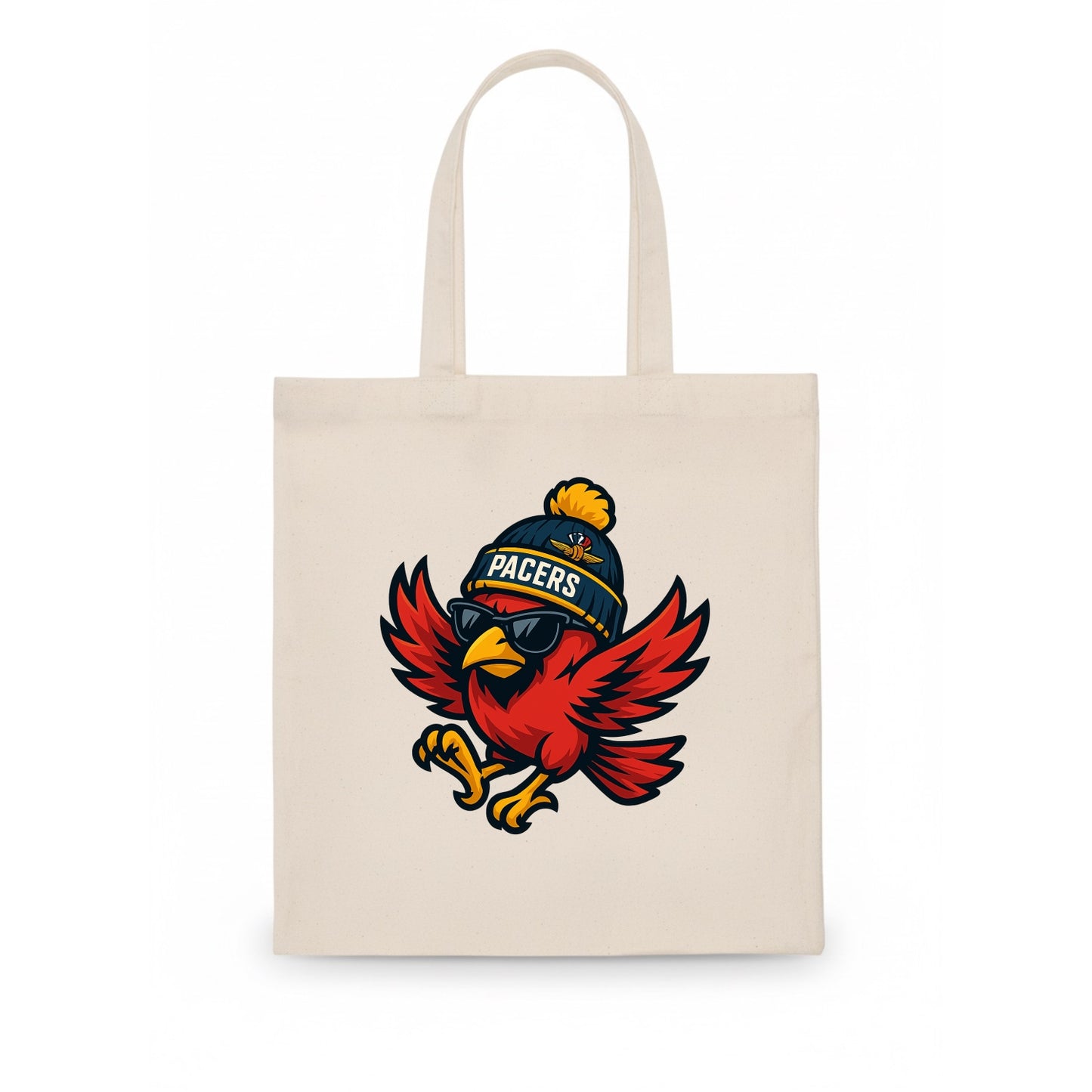 Indiana Cardinal wearing Pacers beanie with speedway patch and wayfarer sunglasses - Tote Bag - white