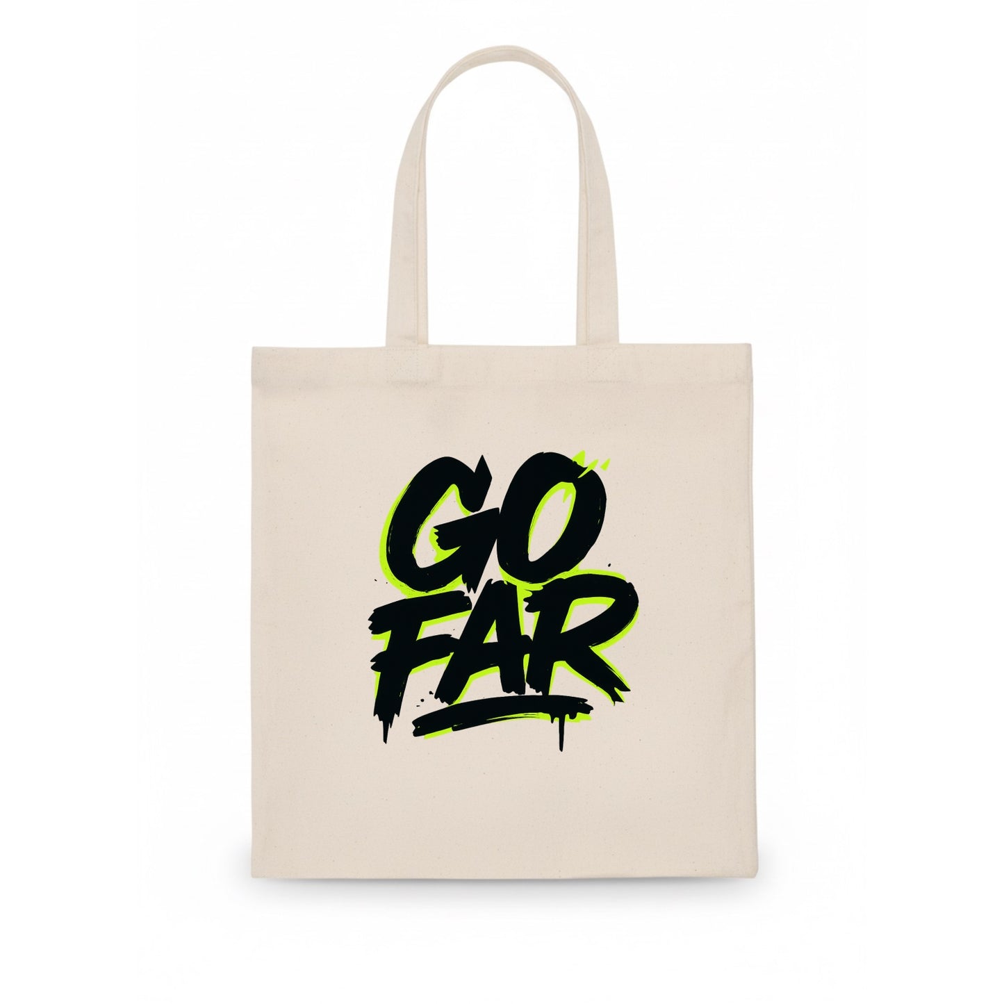 Bold typography design - "GO FAR" - distance goals, pushing limits - Tote Bag - white