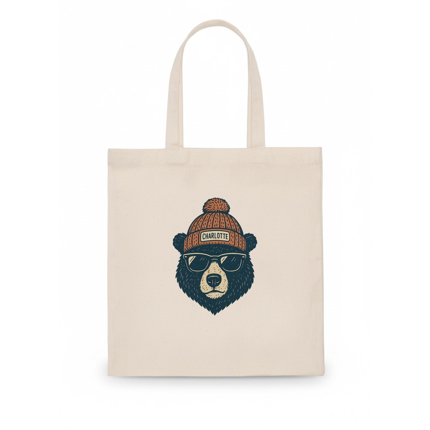 North Carolina Black Bear wearing Charlotte beanie with pom pom and wayfarer sunglasses - Tote Bag - white