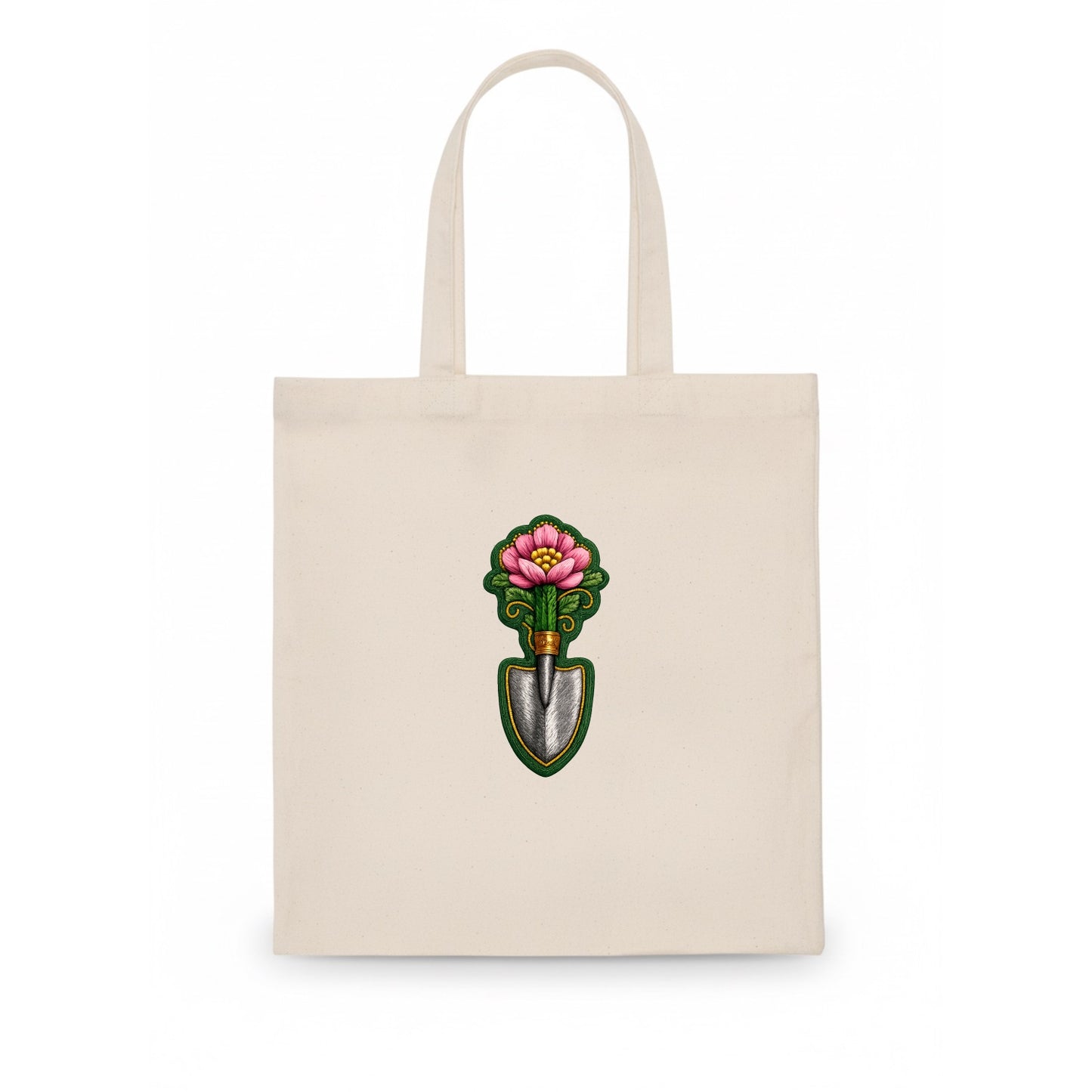 Embroidered patch design - GARDENING TROWEL FLOWER - garden tool with blooming flower in - Tote Bag - white