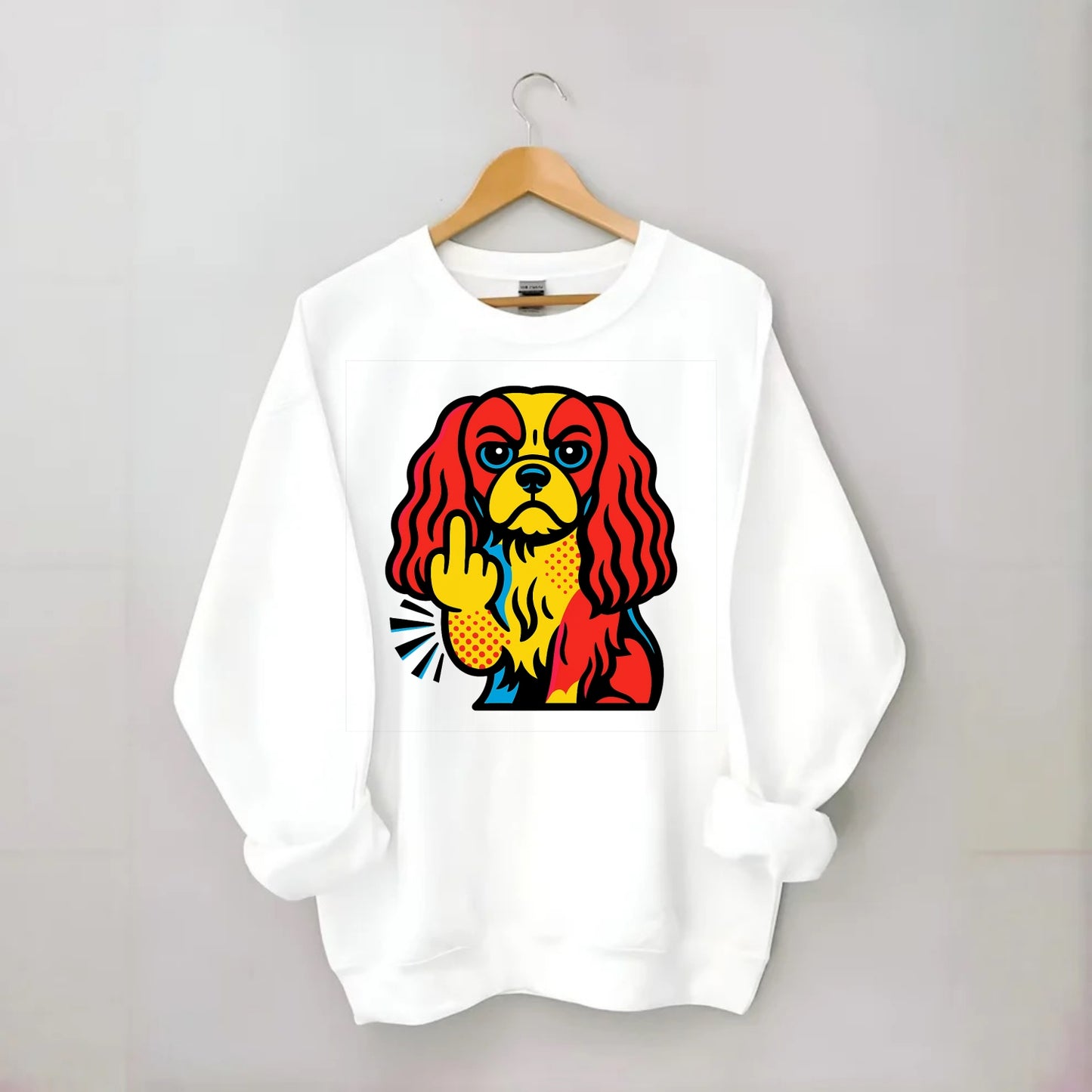 Cavalier King Charles Spaniel with long ears, regal paw giving finger - Crewneck Sweatshirt - white