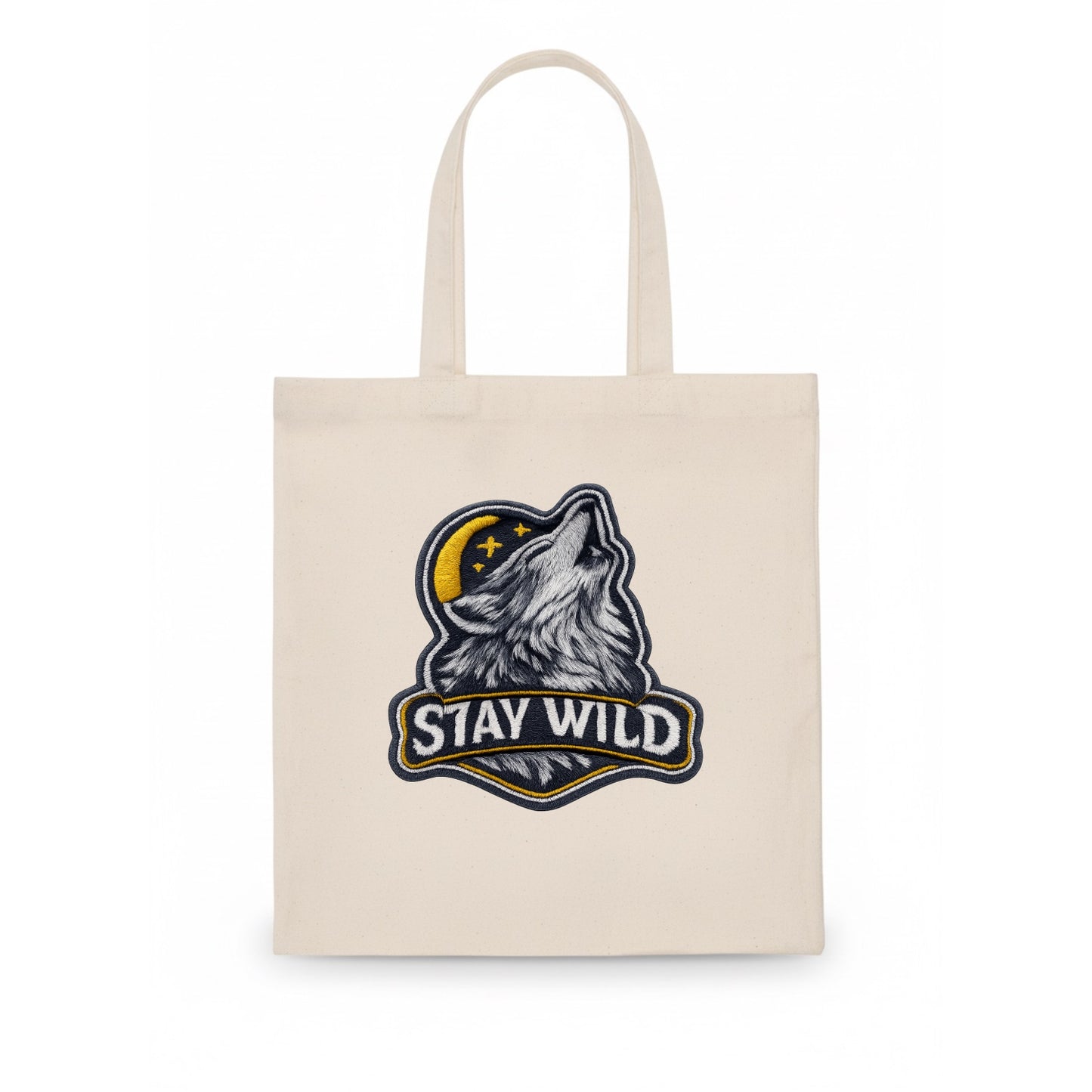 STAY WILD - wolf with text in gray , free spirit - Tote Bag - white