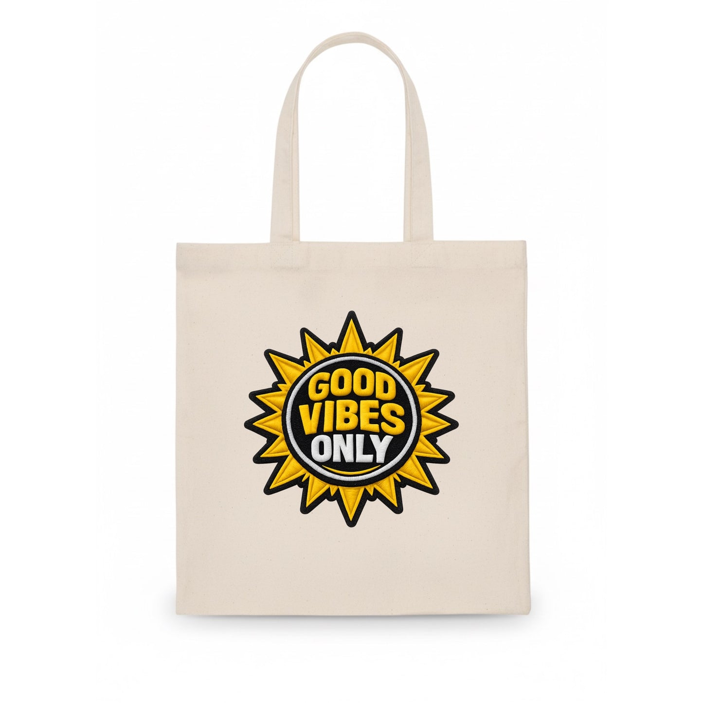 GOOD VIBES ONLY - sun with text in yellow , positive energy - Tote Bag - white
