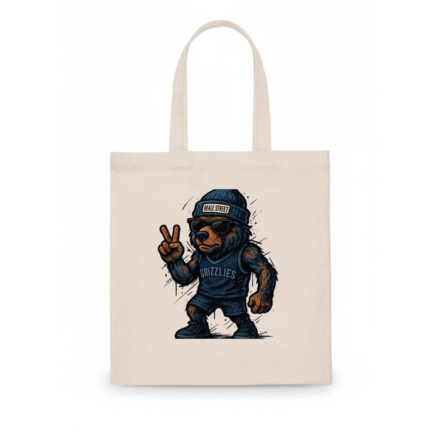 Memphis Grizzly Bear wearing Grizzlies navy and light blue beanie with Beale Street - Tote Bag - white