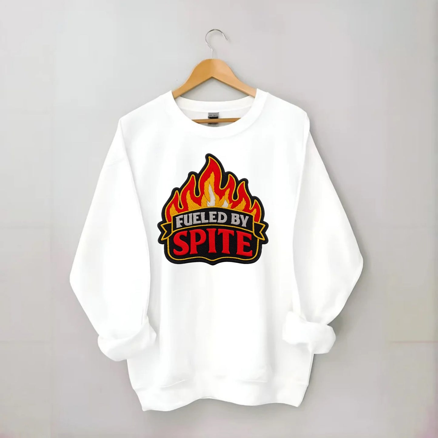 FUELED BY SPITE - fire with text in black and red , petty motivation - Crewneck Sweatshirt - white