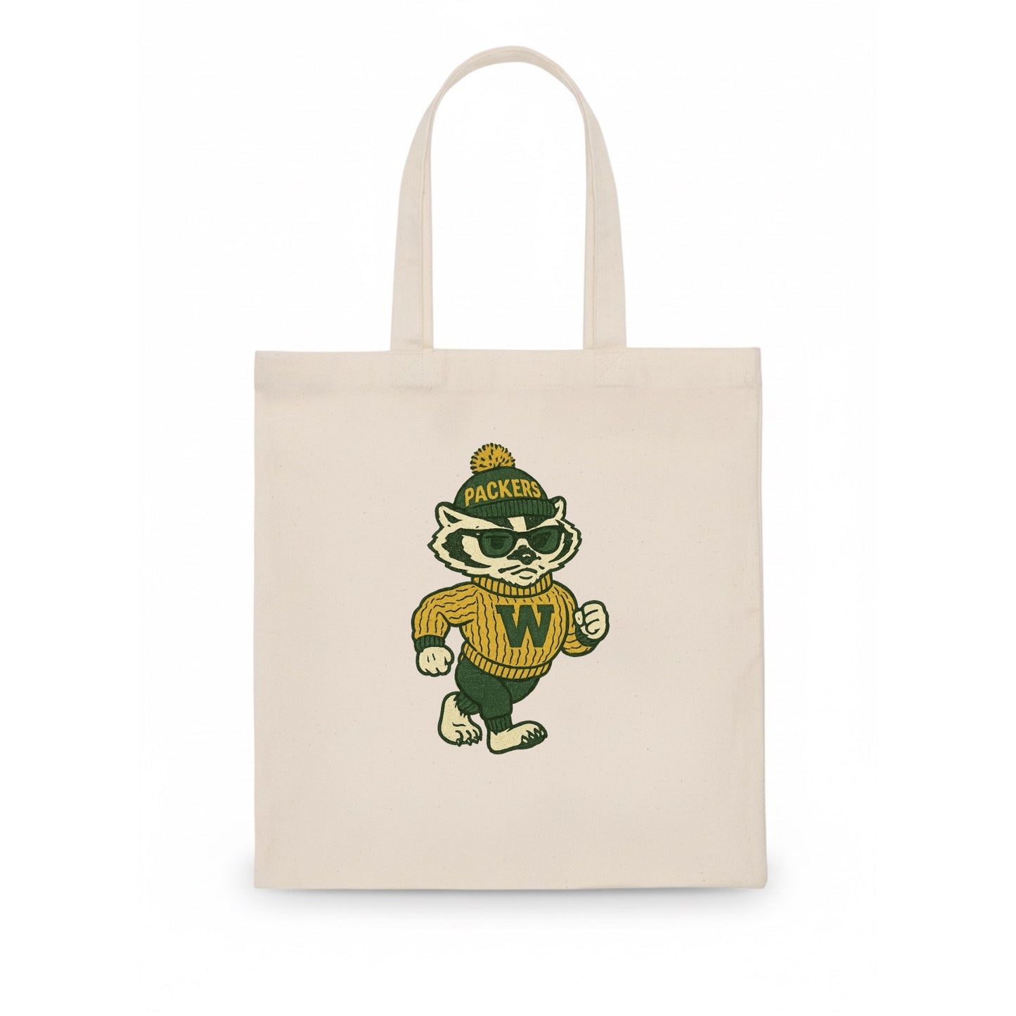 Wisconsin Badger wearing Packers green and gold beanie with pom pom and wayfarer - Tote Bag - white
