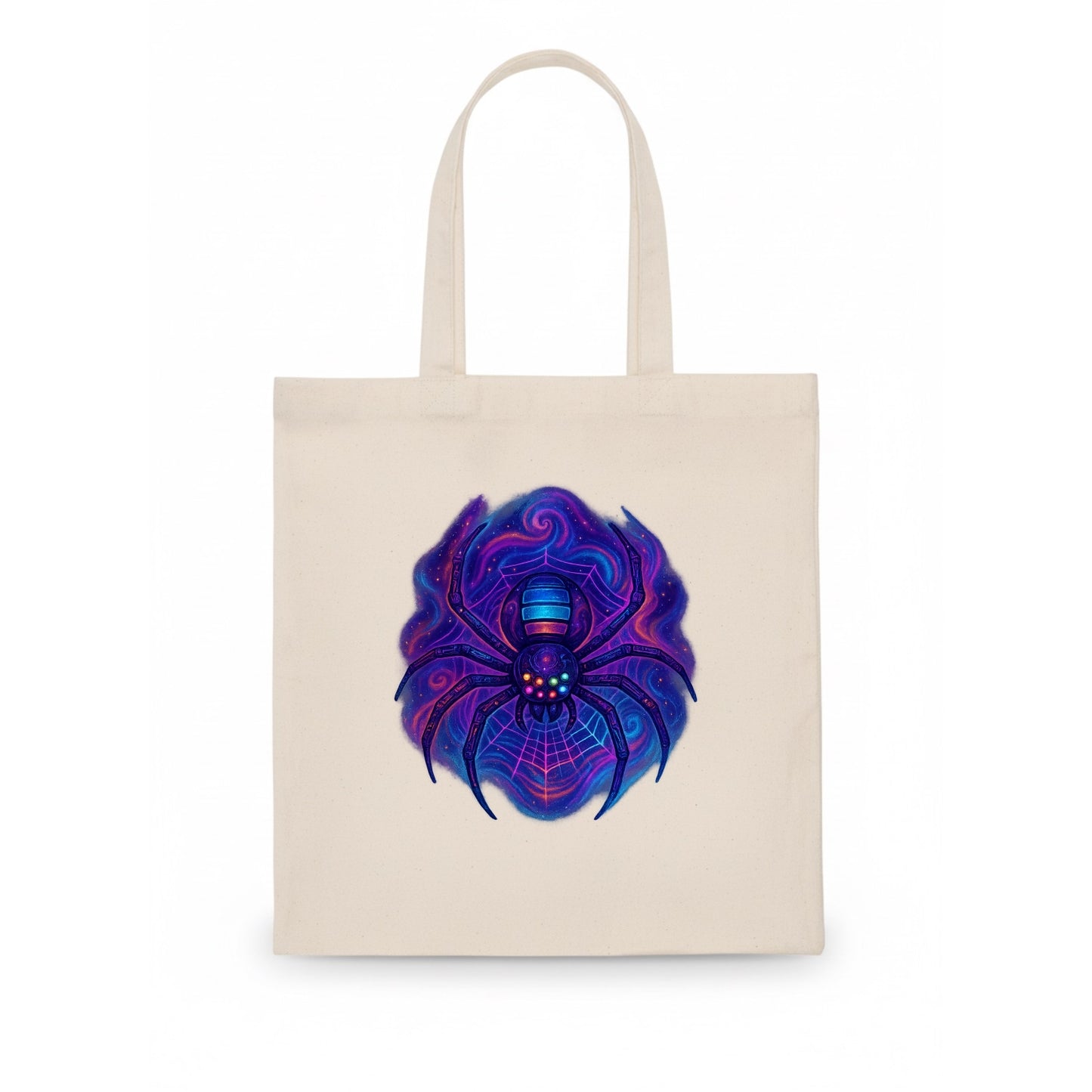 Tech spider with legs showing circuit board patterns, web glowing in neon grid lines, - Tote Bag - white