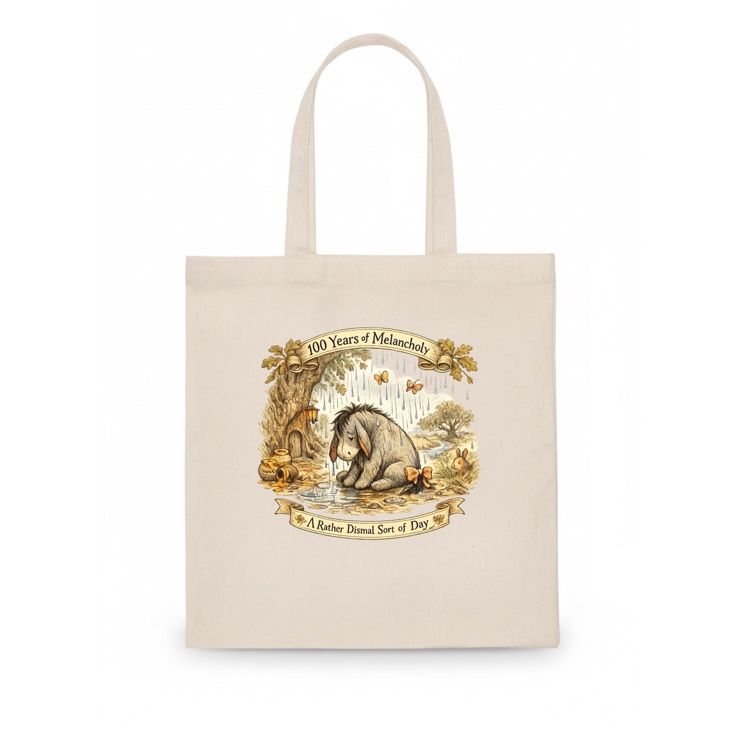 GLOOMY GLEN | Droopy figure in rain | Tattered tail bow | Pessimistic poetry | Loveable - Tote Bag - white