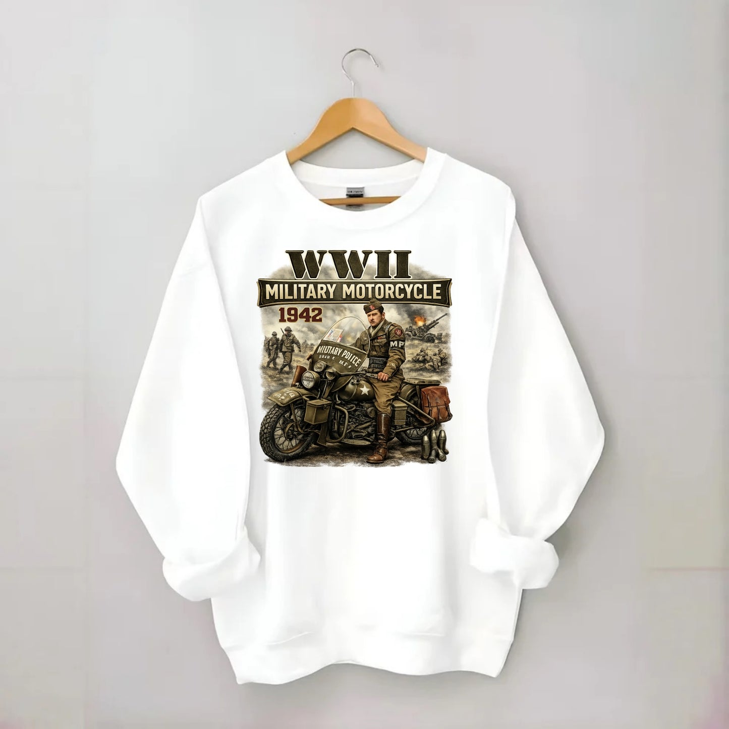 Wwii Military Motorcycle 1942 - Crewneck Sweatshirt - white