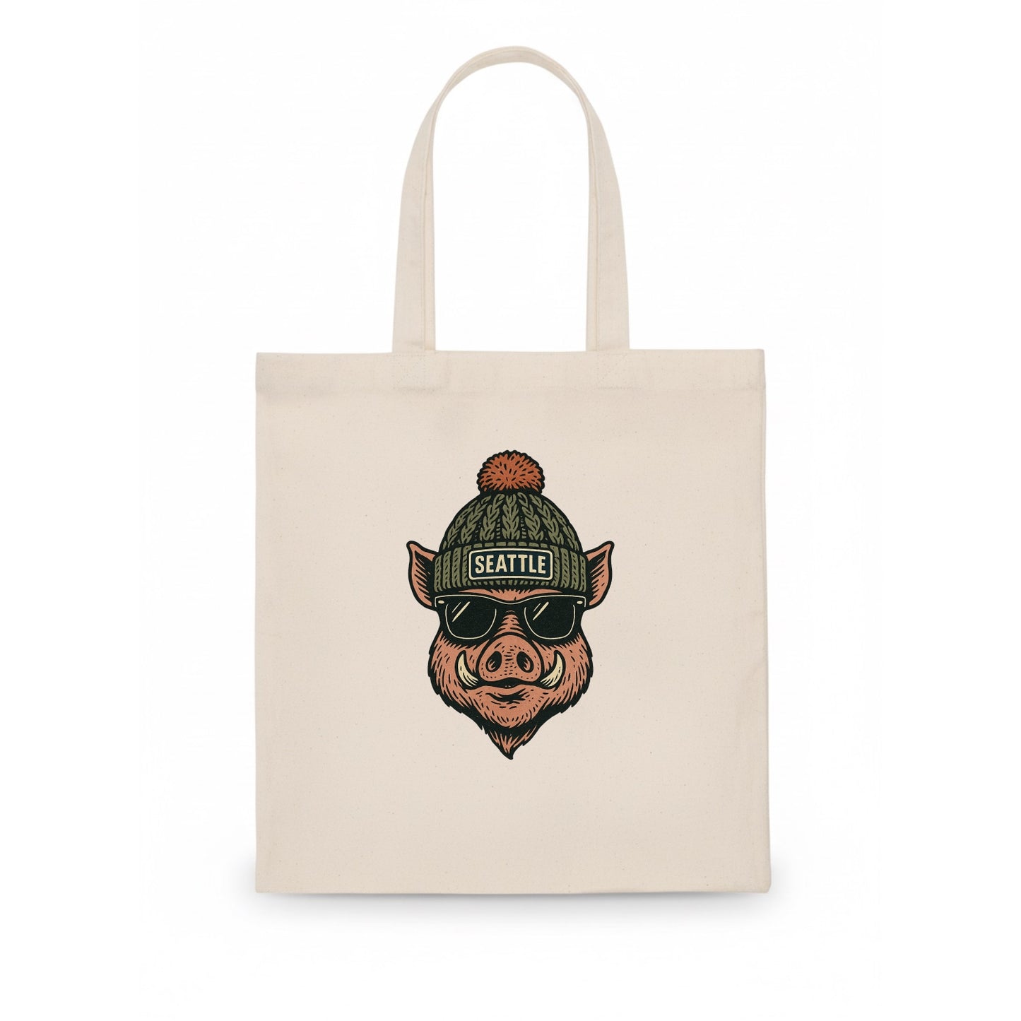 Washington Hog wearing Seattle beanie with pom pom and wayfarer sunglasses - Tote Bag - white