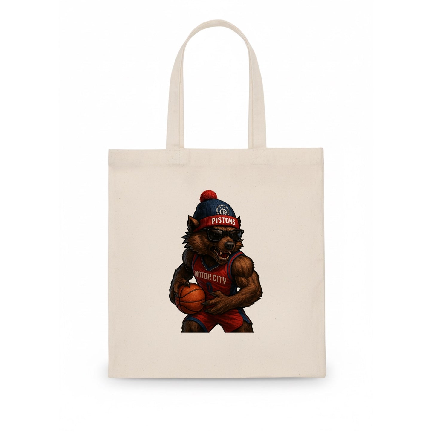 Motor City Wolverine wearing Pistons beanie with gear patch and wayfarer sunglasses - Tote Bag - white