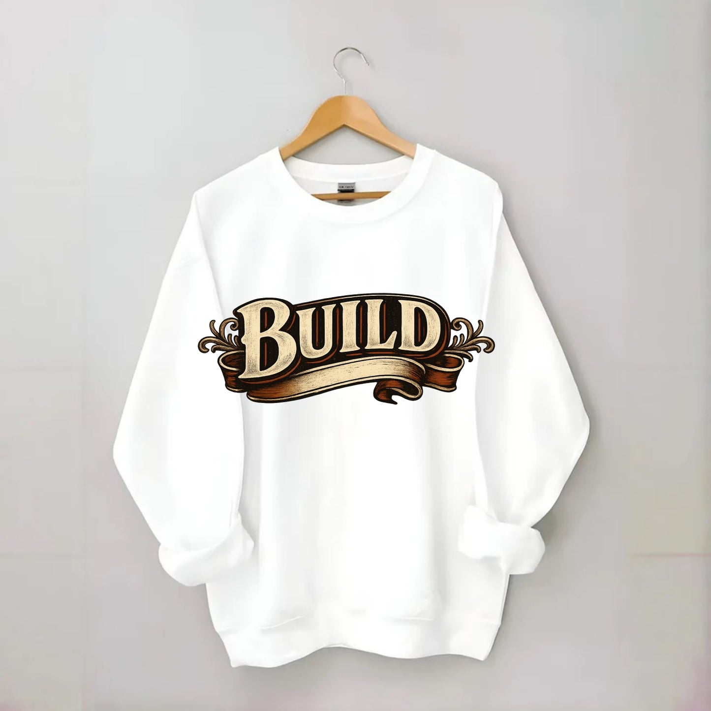 Bold typography design - "BUILD" - constructing, making real - Crewneck Sweatshirt - white