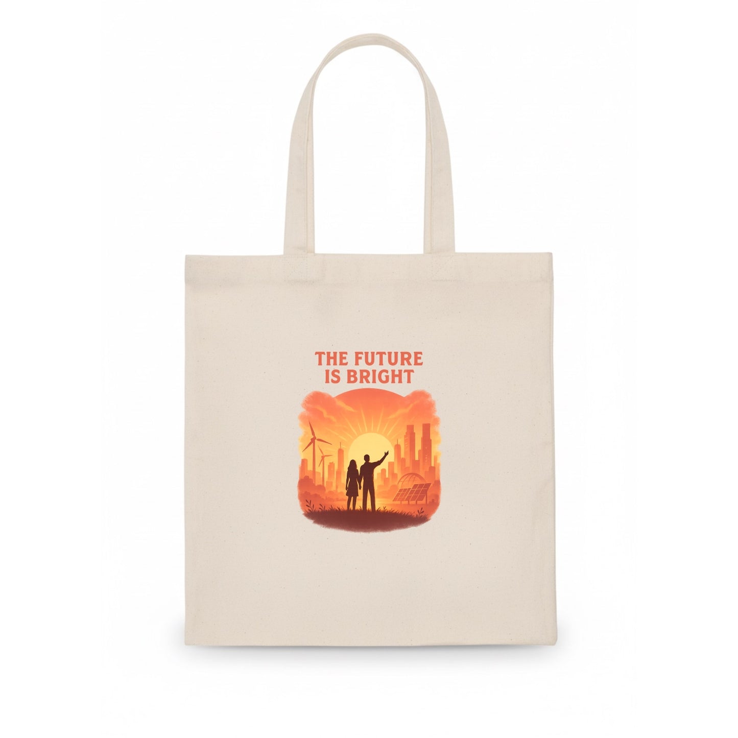 Sunrise over thriving sustainable city - "The Future is Bright" - optimistic vision - Tote Bag - white