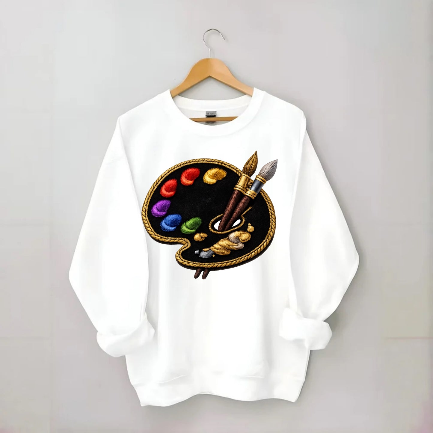 PAINT PALETTE - artist palette with brushes in rainbow and brown , creative - Crewneck Sweatshirt - white