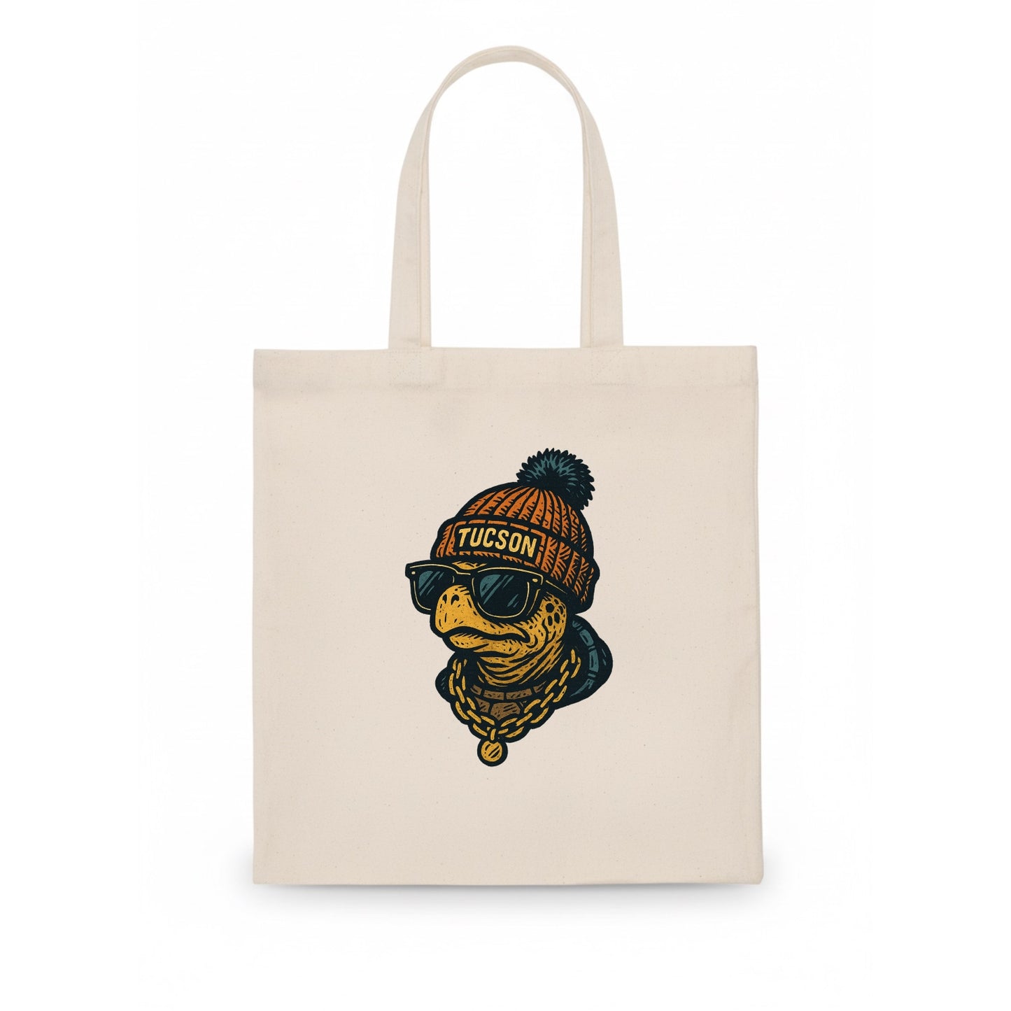 Tucson Desert Tortoise wearing Tucson beanie with pom pom and wayfarer sunglasses - Tote Bag - white