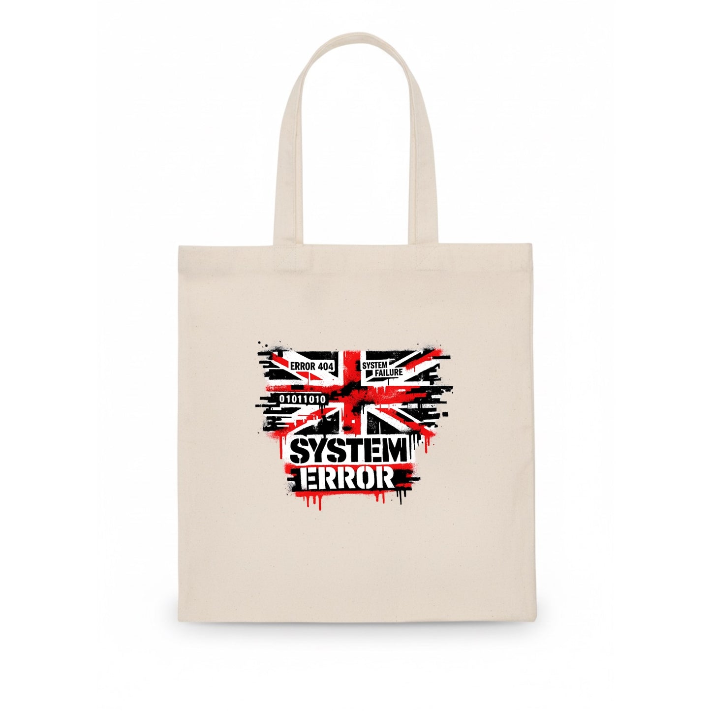 SYSTEM ERROR | Glitch Union Jack pattern | Digital corruption effect | Error code - Tote Bag - white