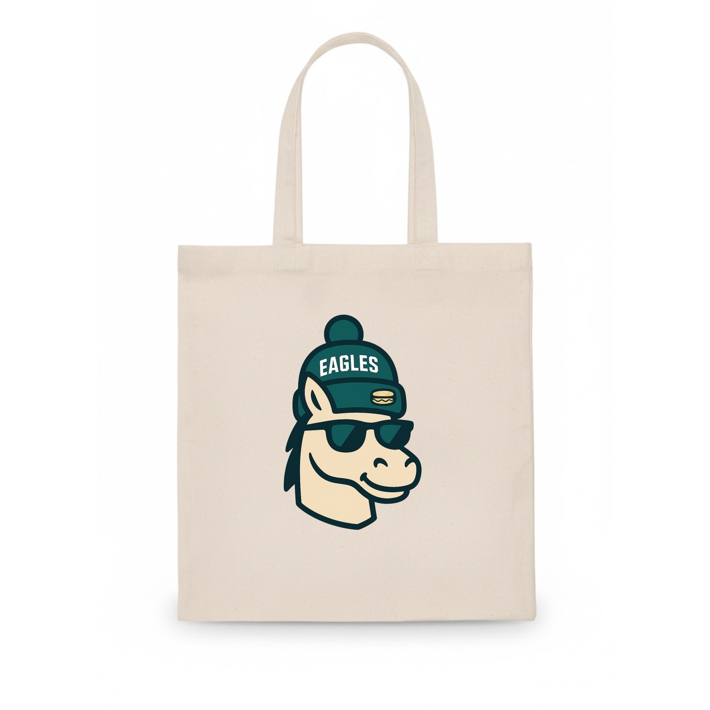 Philadelphia Horse wearing Eagles beanie with cheesesteak patch and wayfarer sunglasses - Tote Bag - white