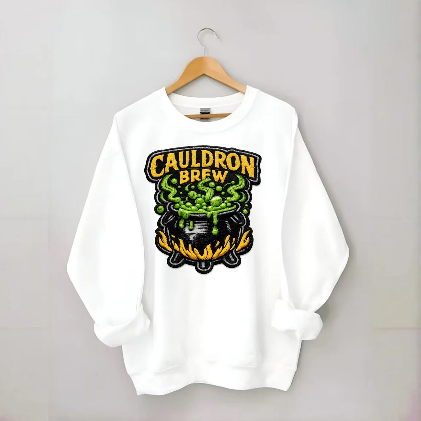 CAULDRON BREW - bubbling pot in black and green , witch craft - Crewneck Sweatshirt - white