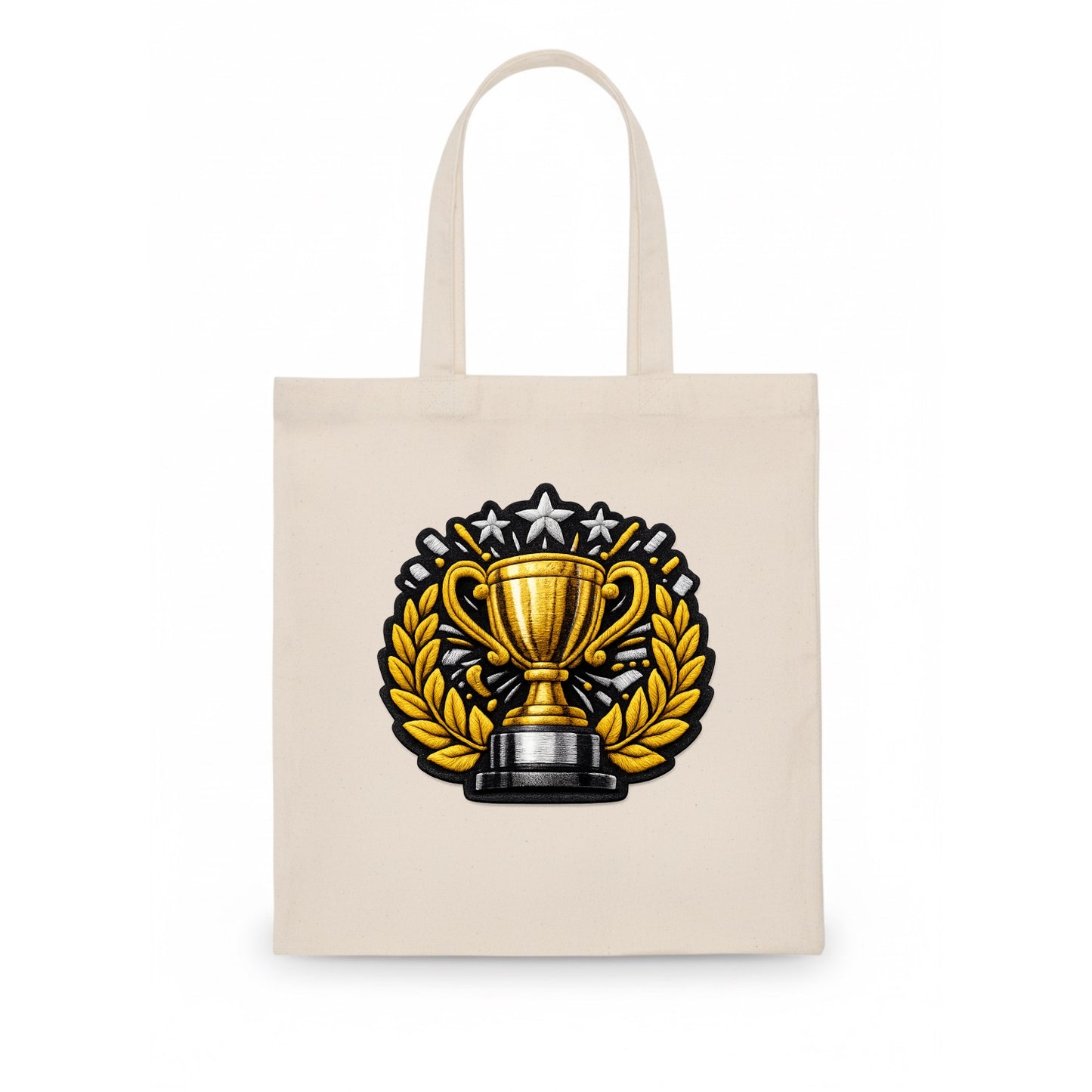 Embroidered patch design - CHAMPIONSHIP TROPHY - golden trophy cup with laurels in gold - Tote Bag - white