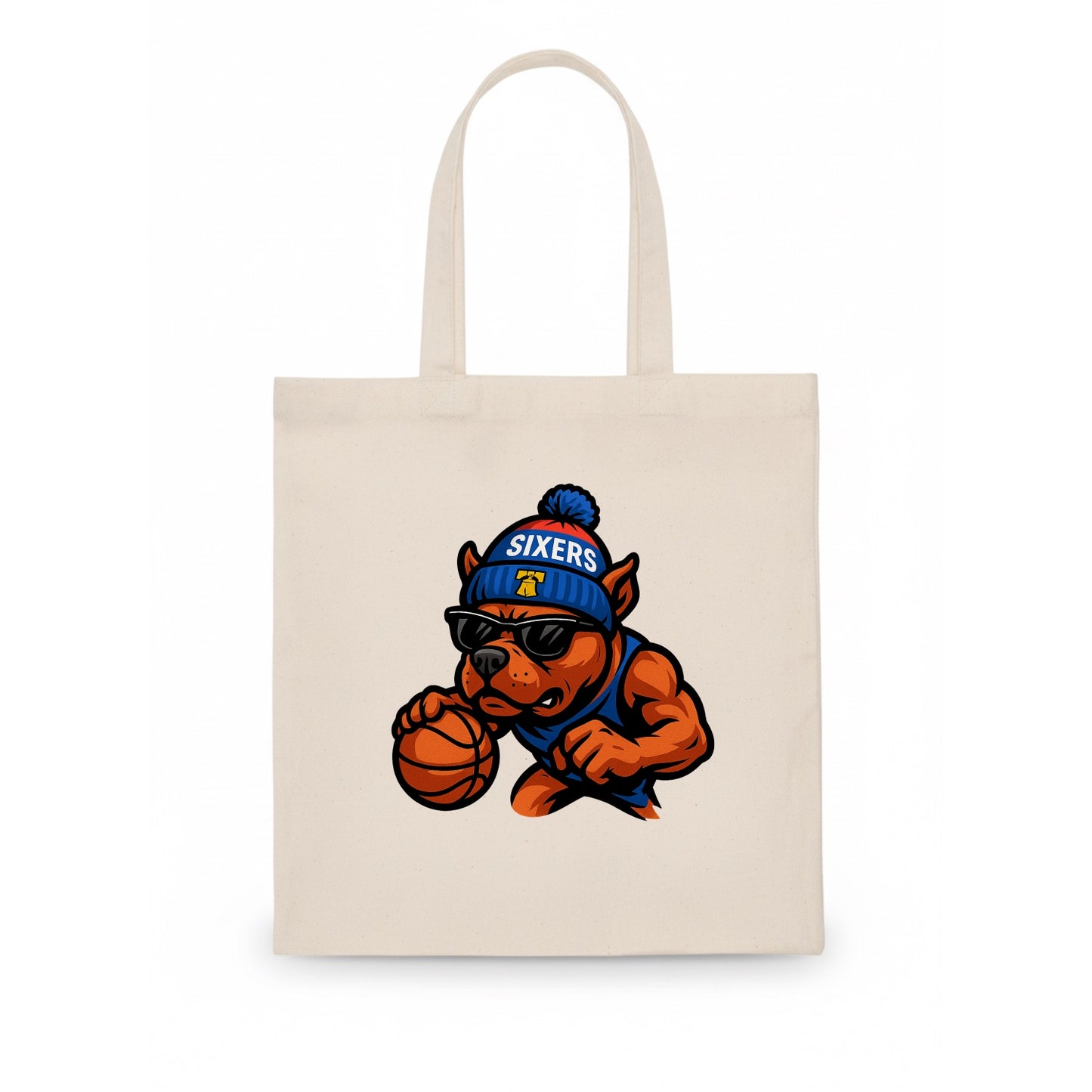 Philly Pitbull wearing Sixers beanie with Liberty Bell and wayfarer sunglasses - Tote Bag - white