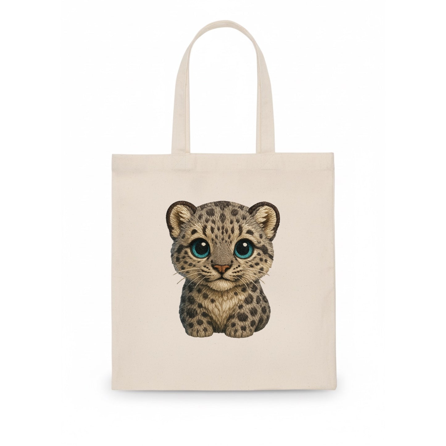 Baby Snow Leopard Cub - gray spotted, thick fur, blue-green eyes, front-facing, mountain - Tote Bag - white