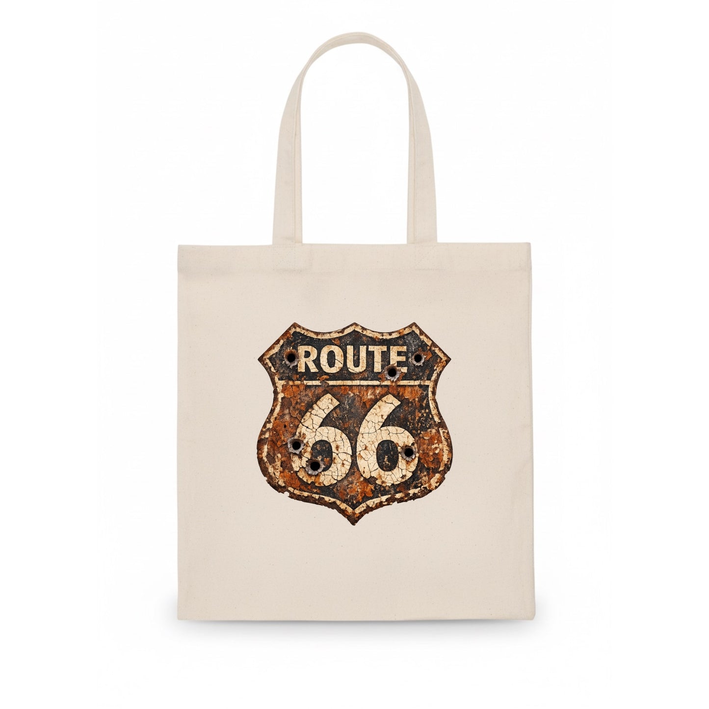WEATHERED MARKER | Rust-aged Route 66 sign | Desert sun-bleached | Bullet holes - Tote Bag - white