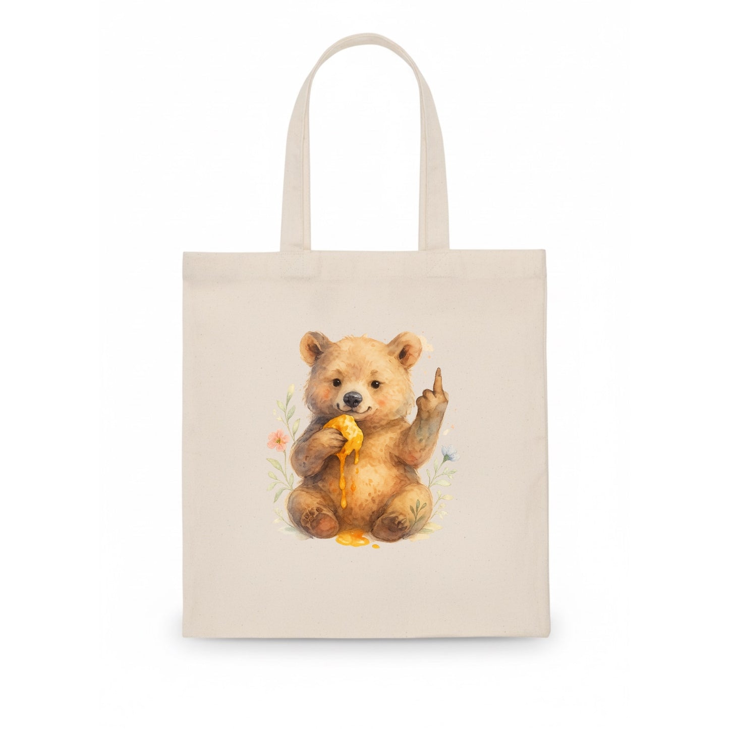 chubby bear cub eating dripping honey, sticky paw up with middle finger - Tote Bag - white