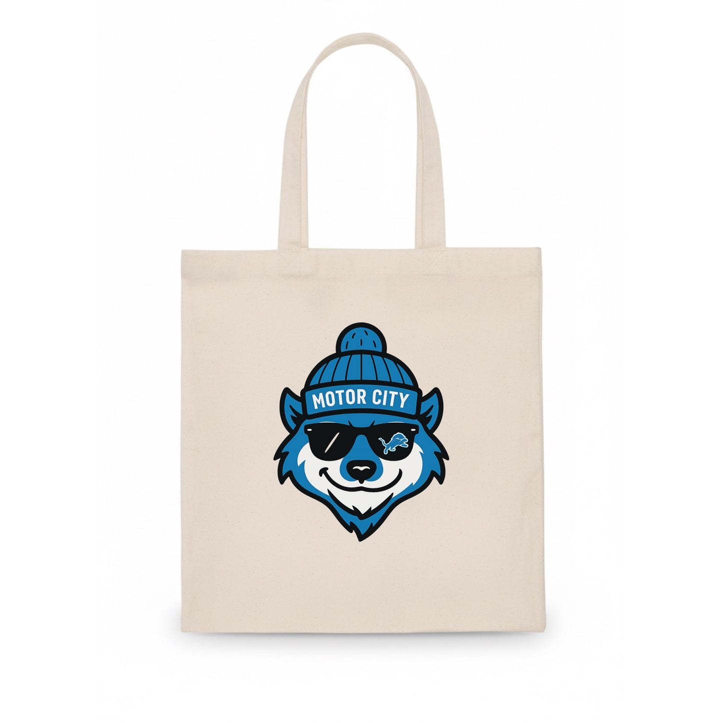 Motor City Wolverine wearing Lions beanie with gear patch and wayfarer sunglasses - Tote Bag - white