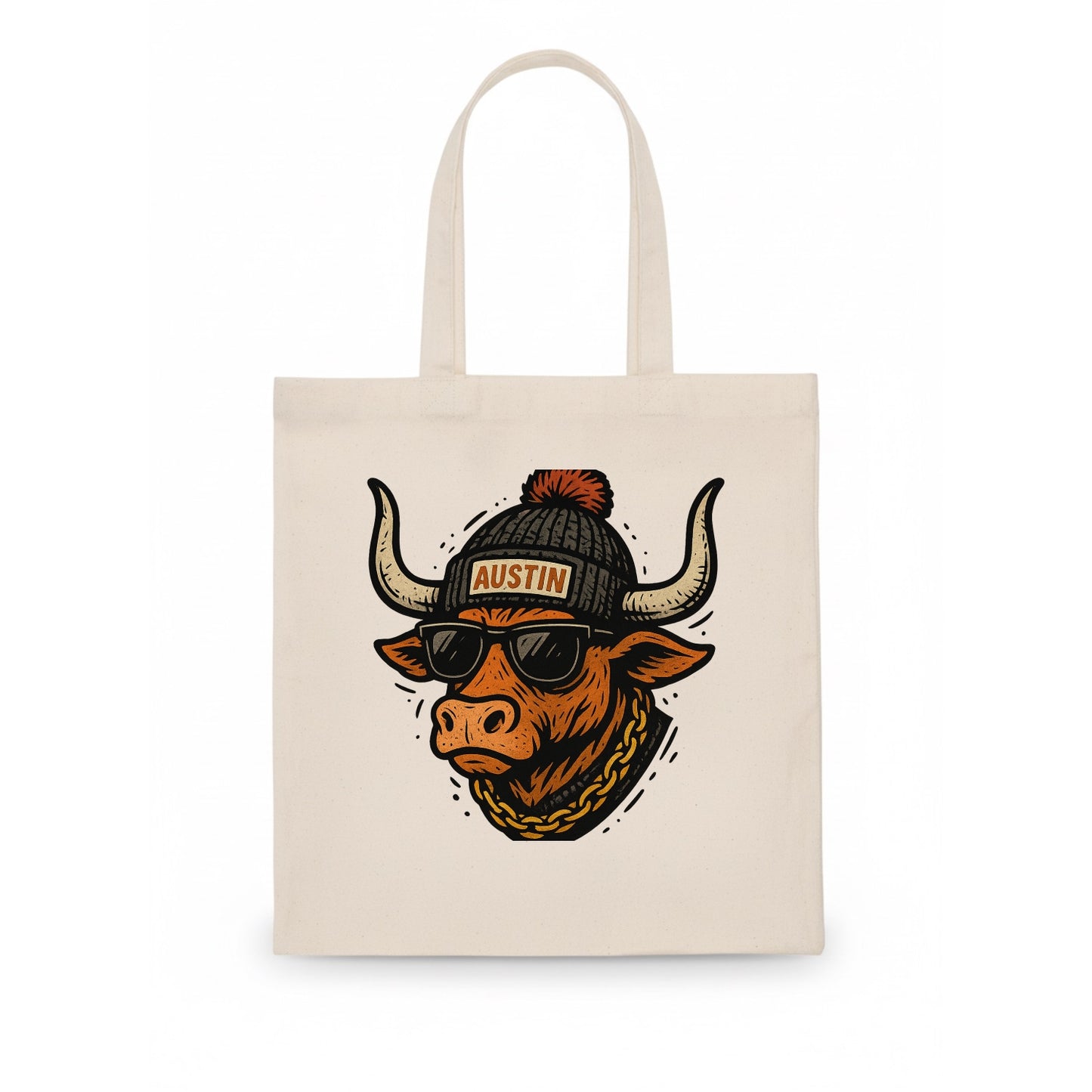 Texas Longhorn wearing Austin beanie with pom pom and wayfarer sunglasses - Tote Bag - white