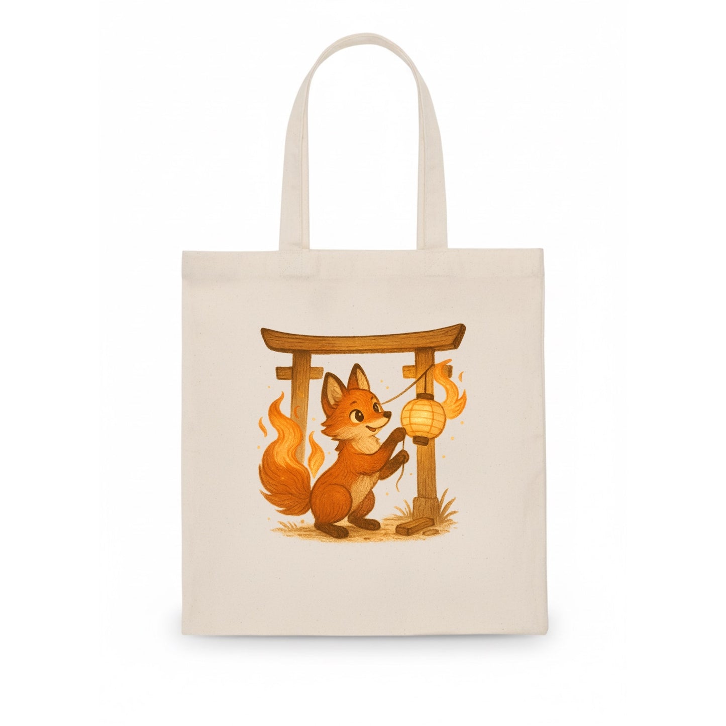 Foxfire kitsune stringing lanterns along a torii gate with tails of living flame - Tote Bag - white